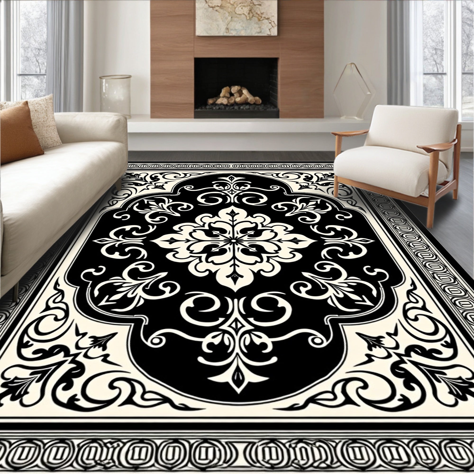 Classic Black White Floral Damask Rug