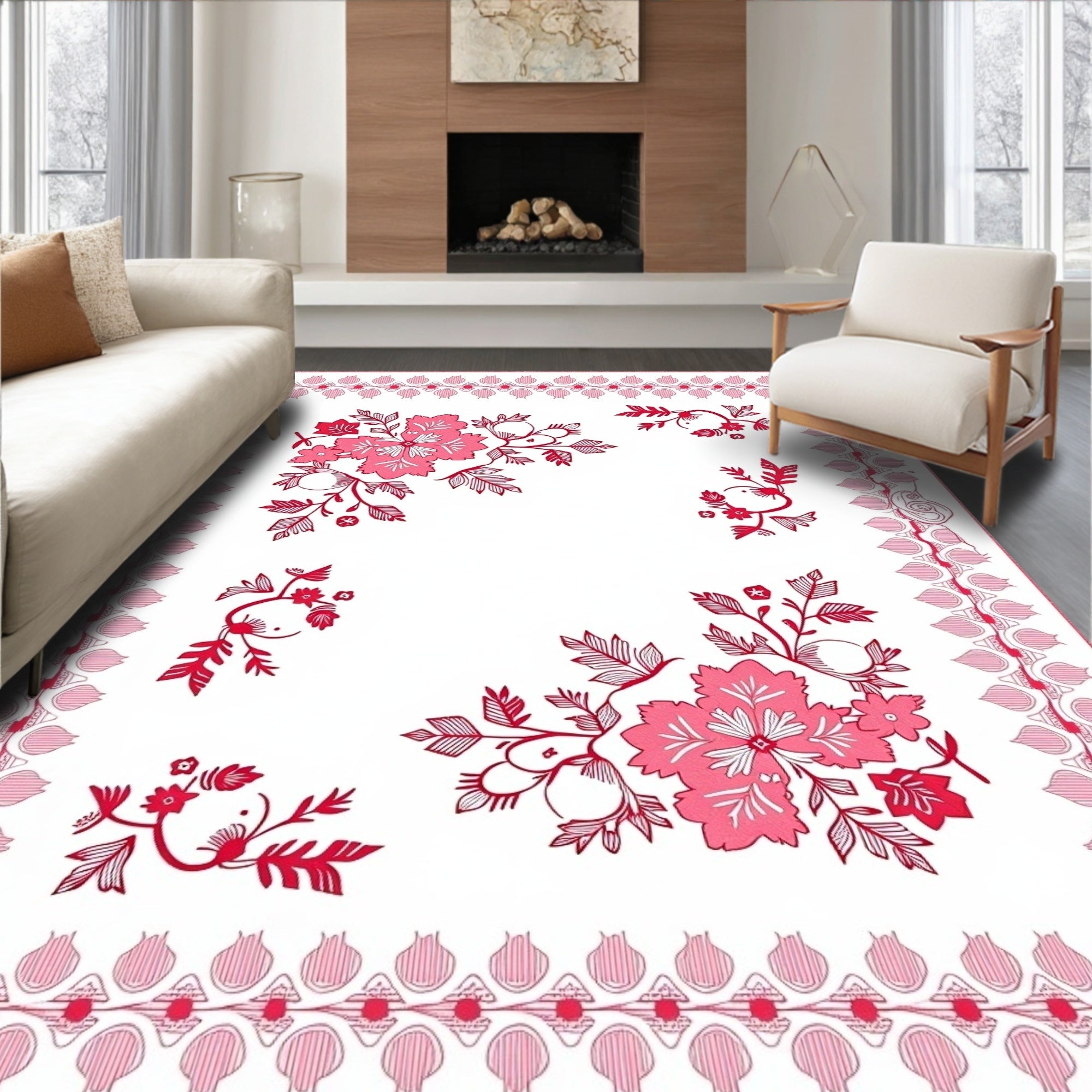 Fuchsia Floral Garden Border Rug