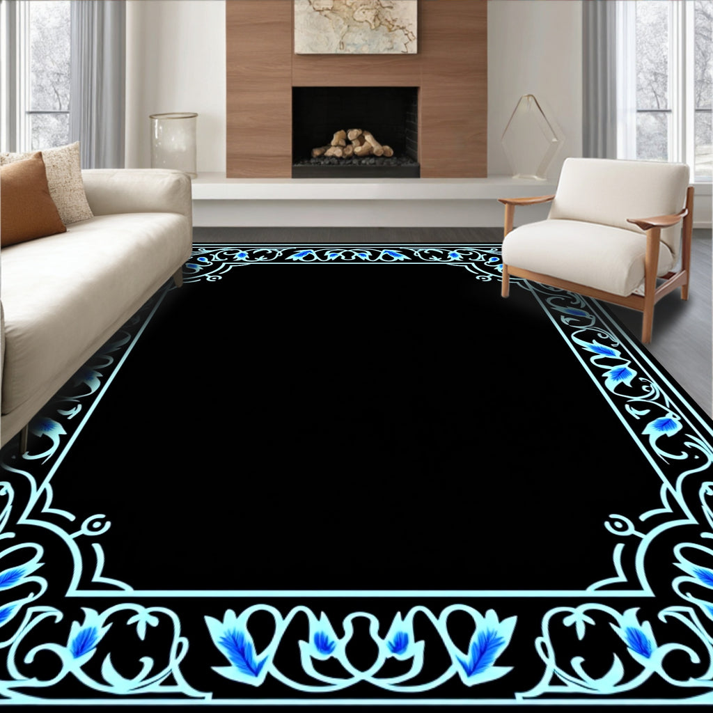Intricate Floral Border With Blue Accents Rug