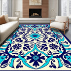 Intricate Floral Medallion Navy Aqua Design Rug
