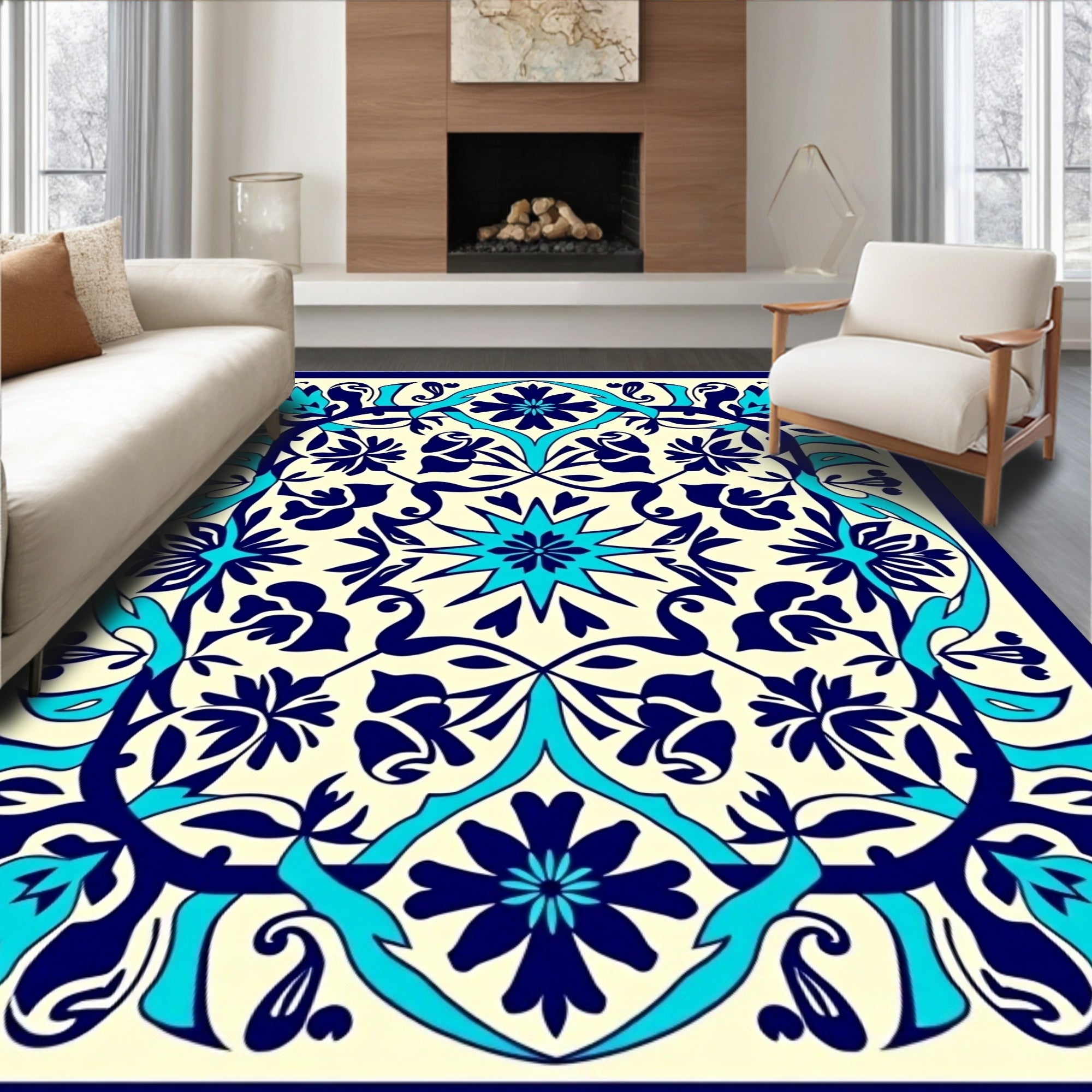 Intricate Floral Medallion Navy Aqua Design Rug