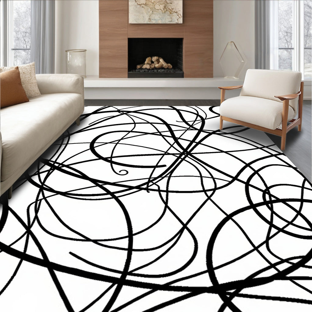 Abstract Black Line Art Rug