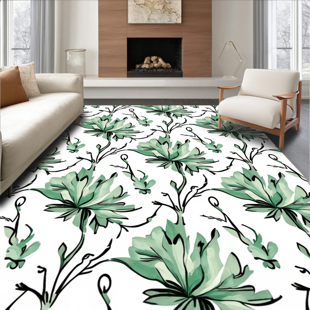 Green Watercolor Floral Pattern Rug