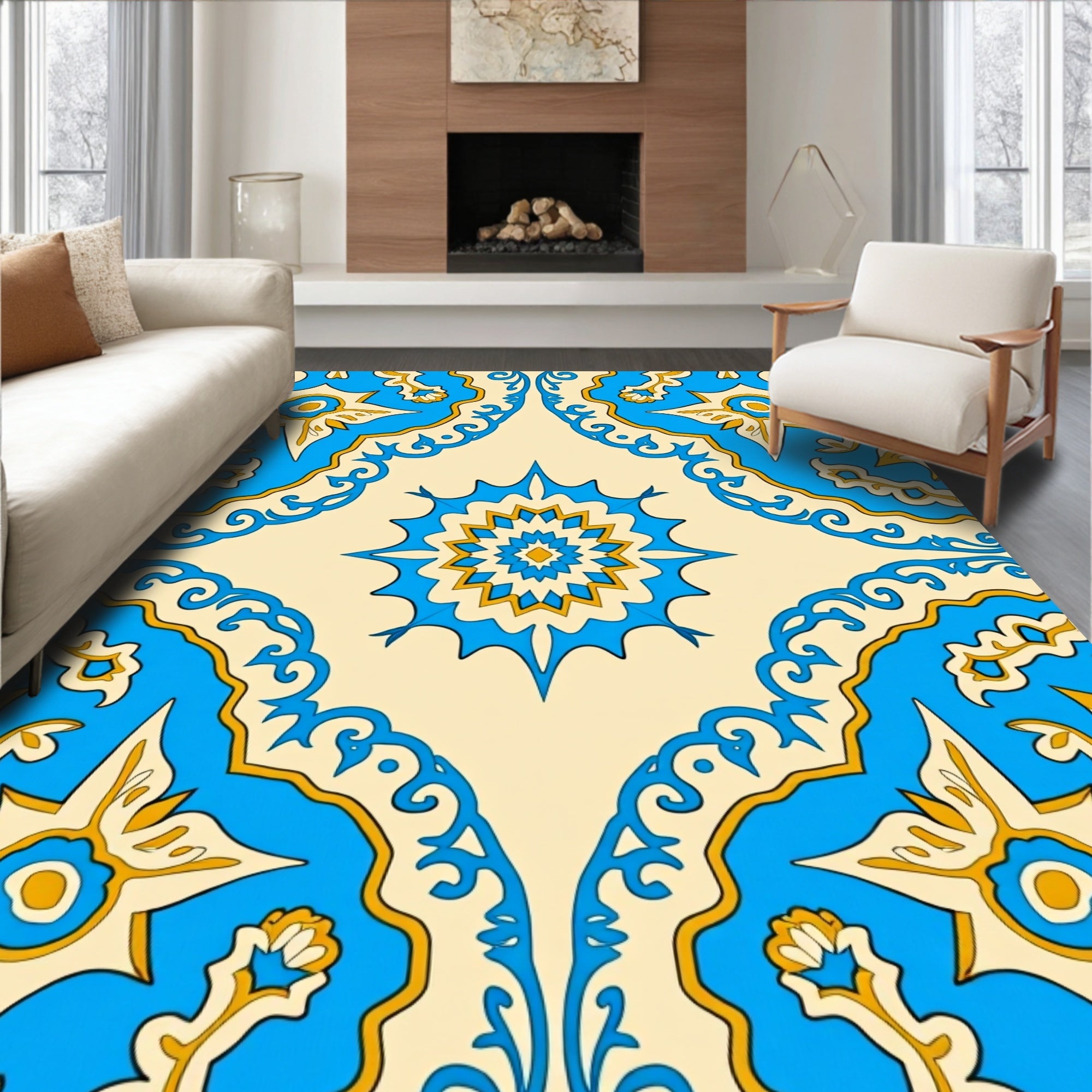 Ornate Blue Gold Floral Medallion Design Rug