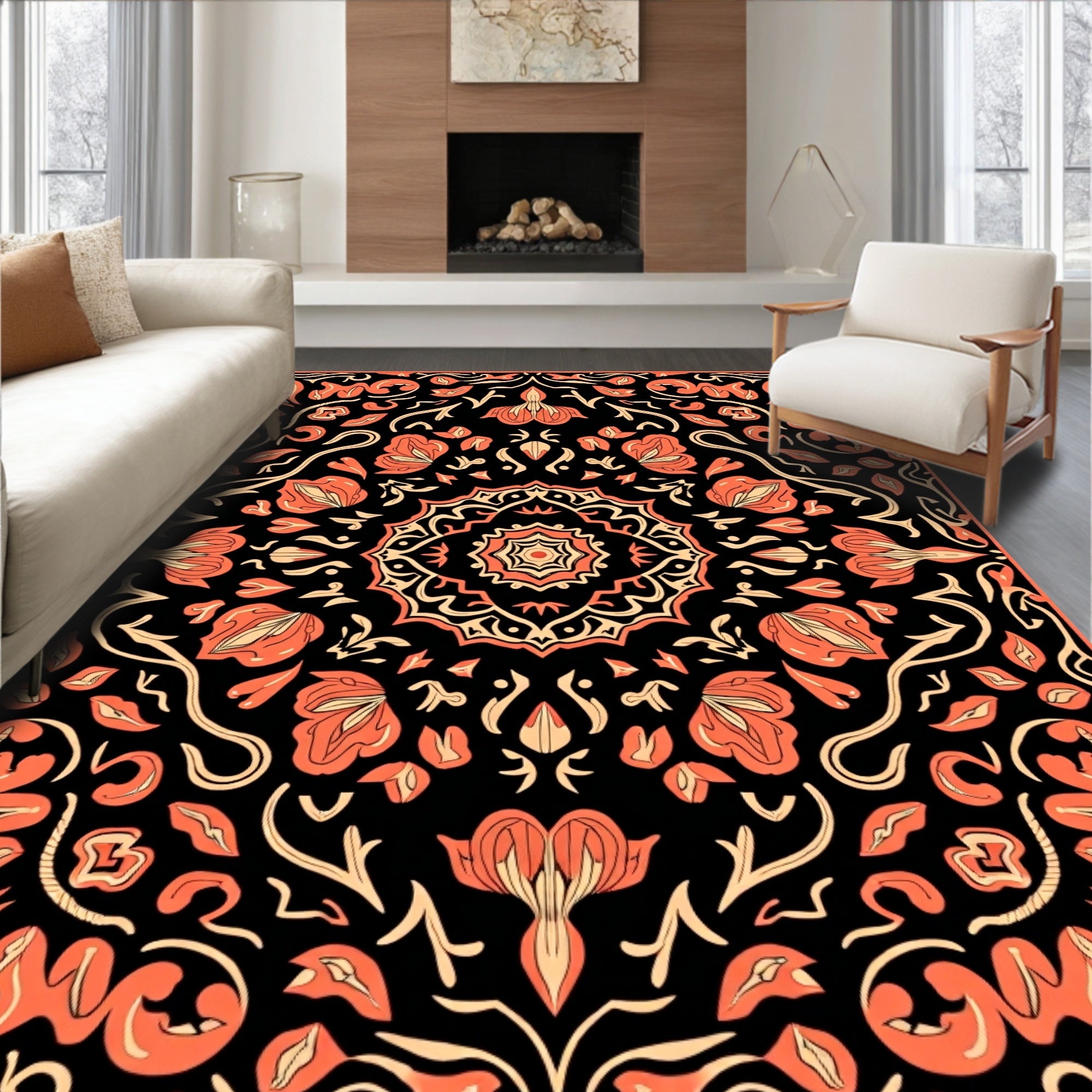 Coral Floral Mandala Pattern Rug