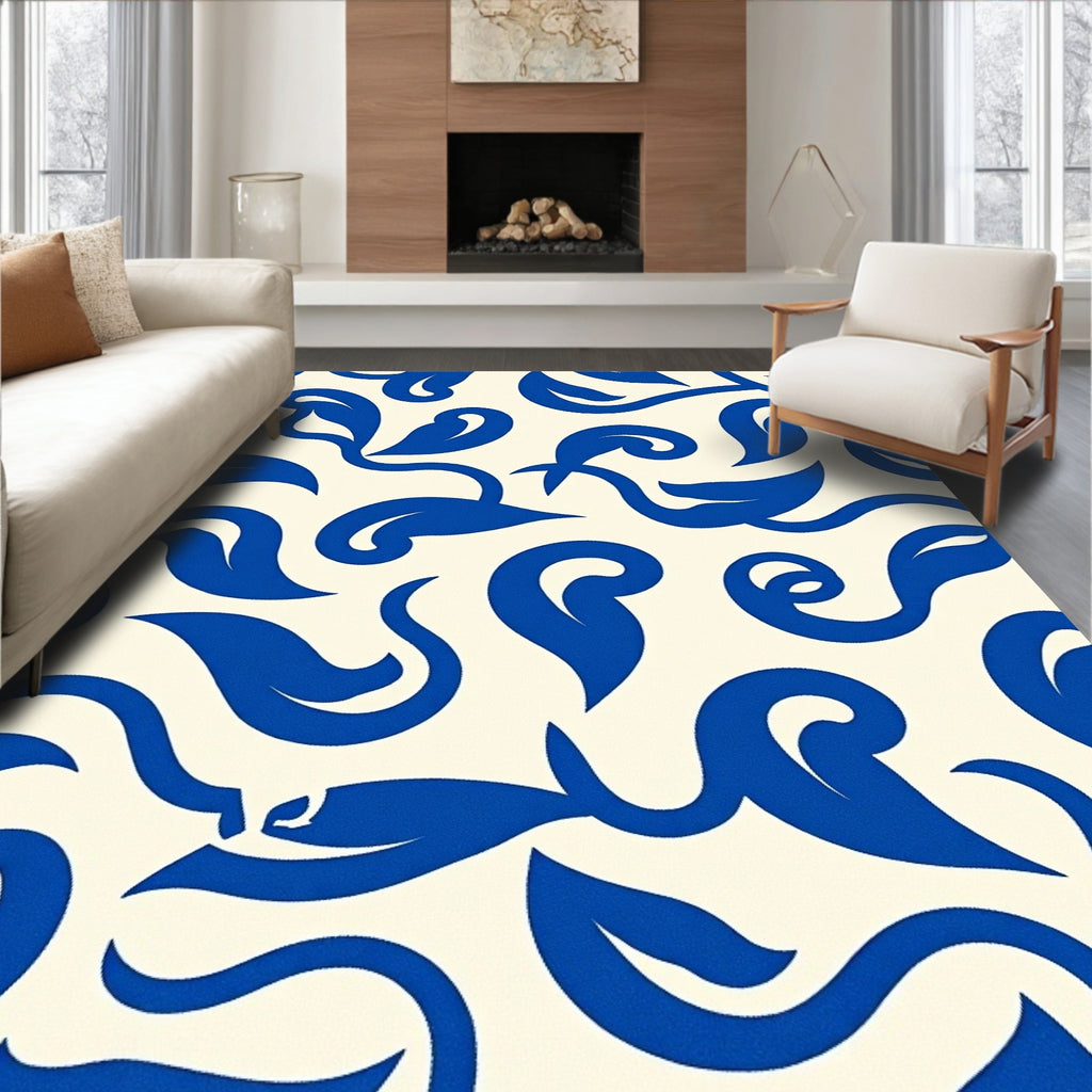 Blue Swirls Floral Pattern Rug