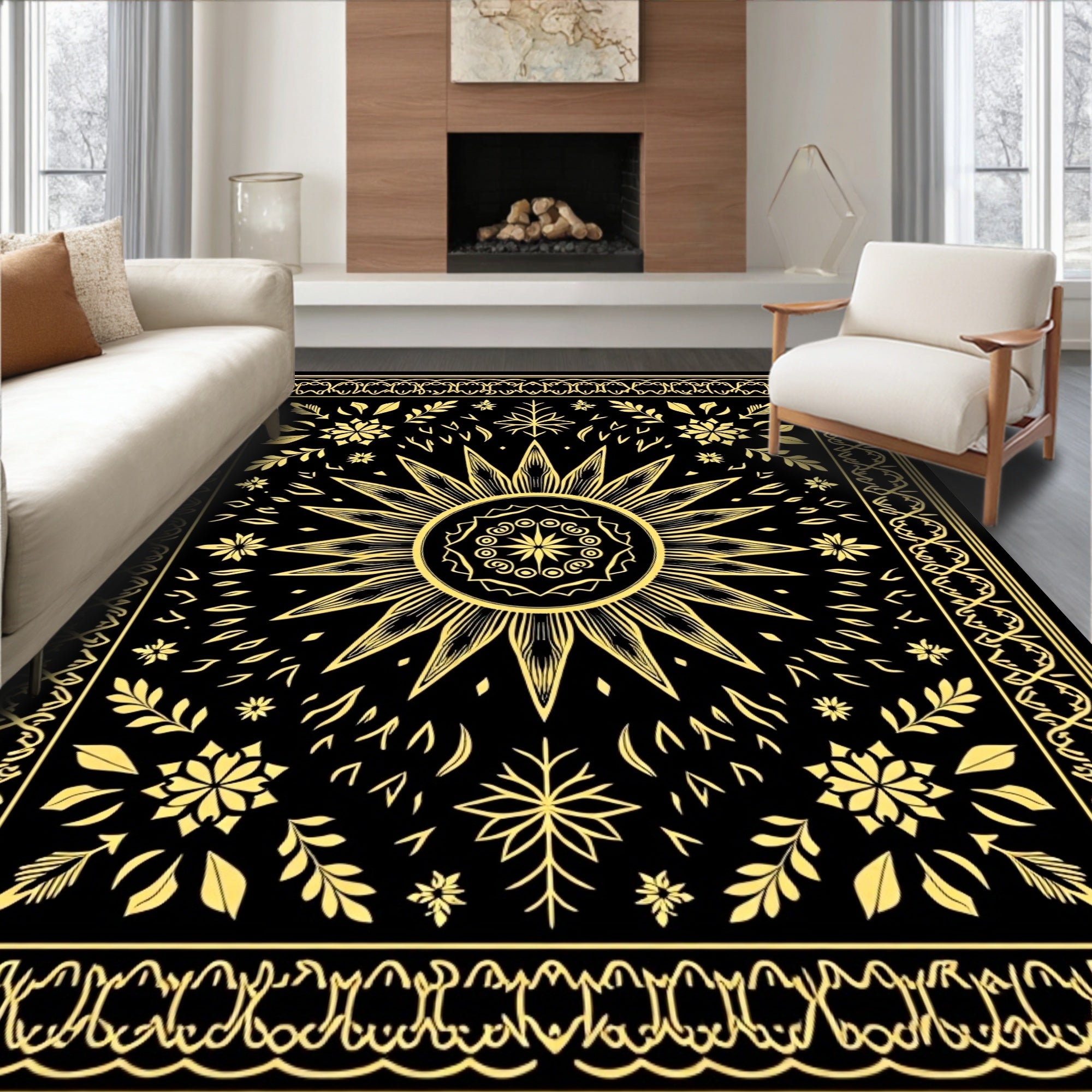 Golden Sunburst Botanical Border Rug