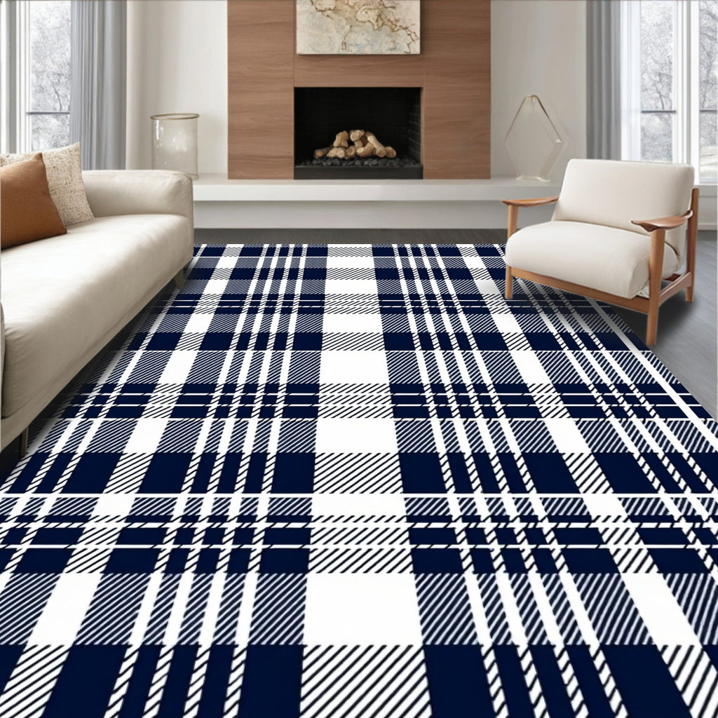 Classic Navy Blue Plaid Pattern Rug