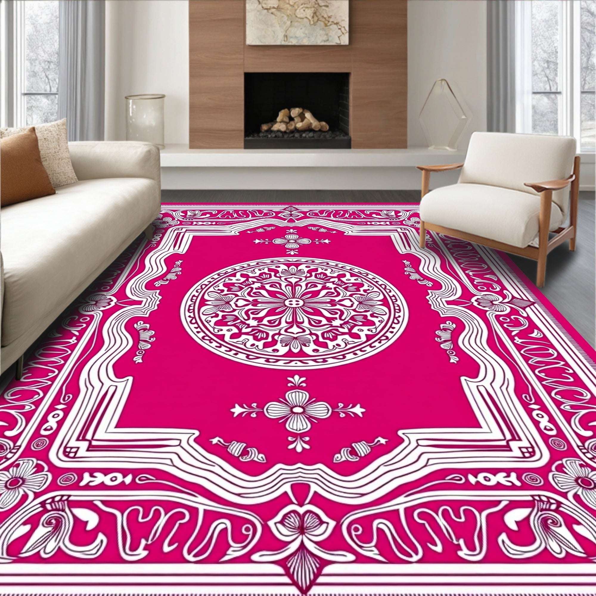 Ornate Pink Floral Mandala Pattern Rug