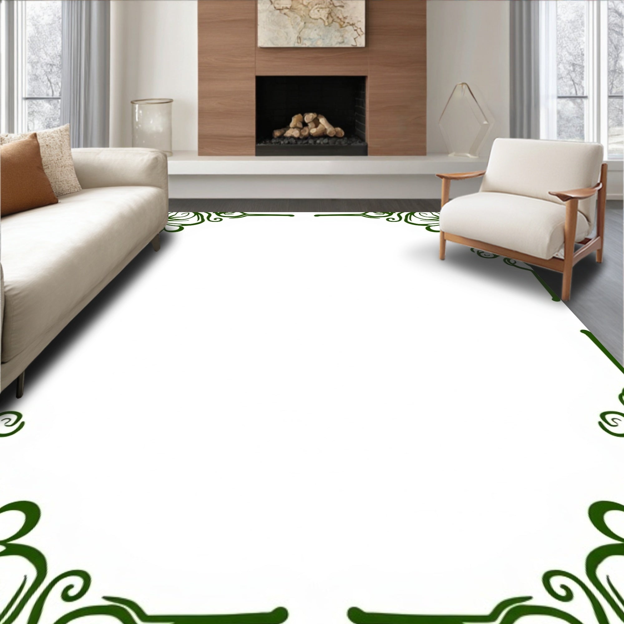 Elegant Green Floral Scrollwork Design Rug