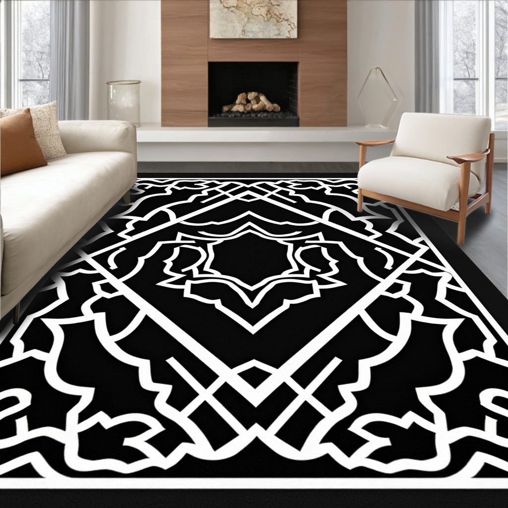Intricate Black White Geometric Symmetry Rug