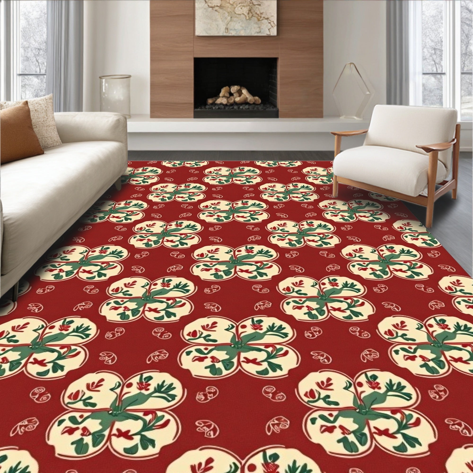 Retro Floral Pattern Red Rug
