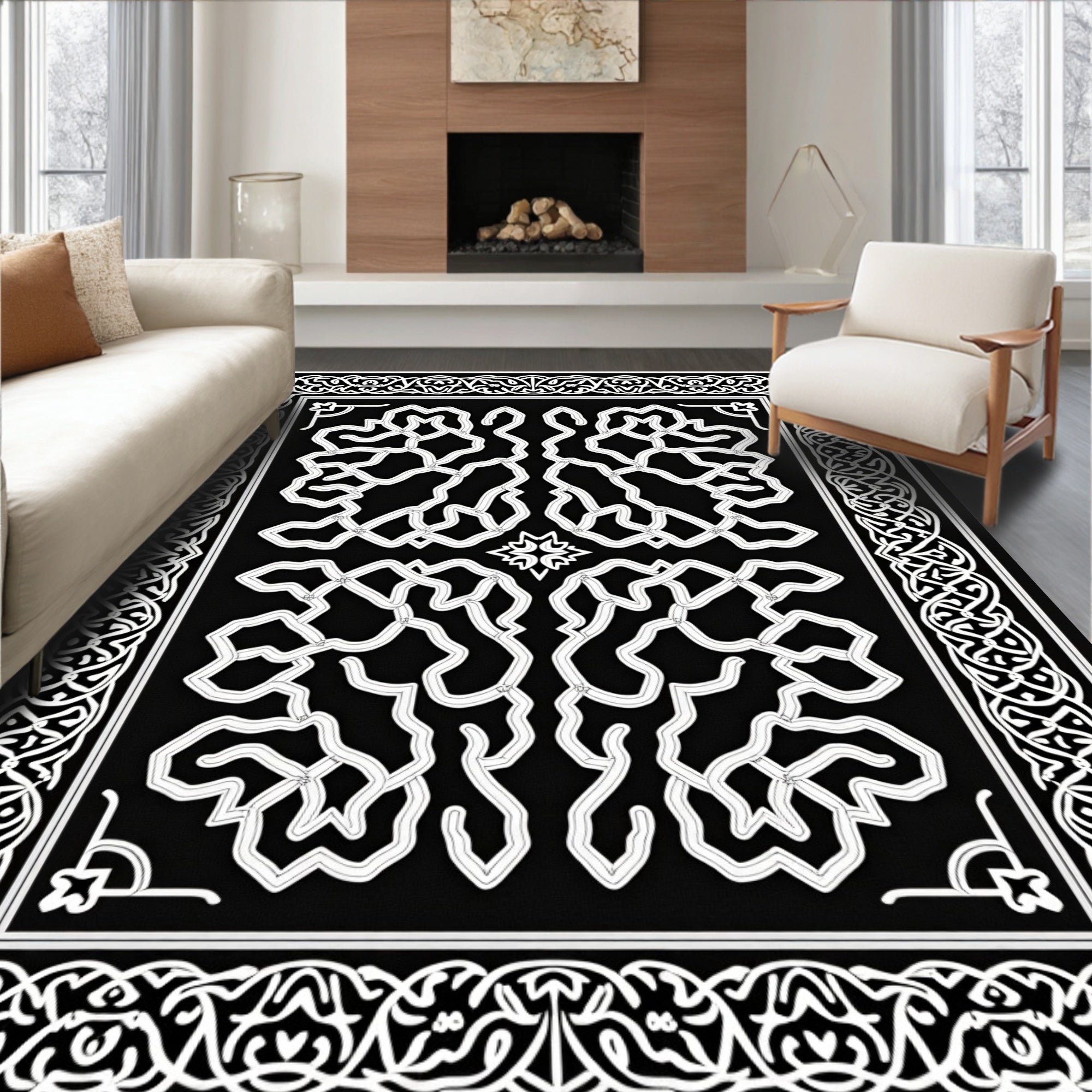 Classic Black White Interlocking Knit Pattern Rug