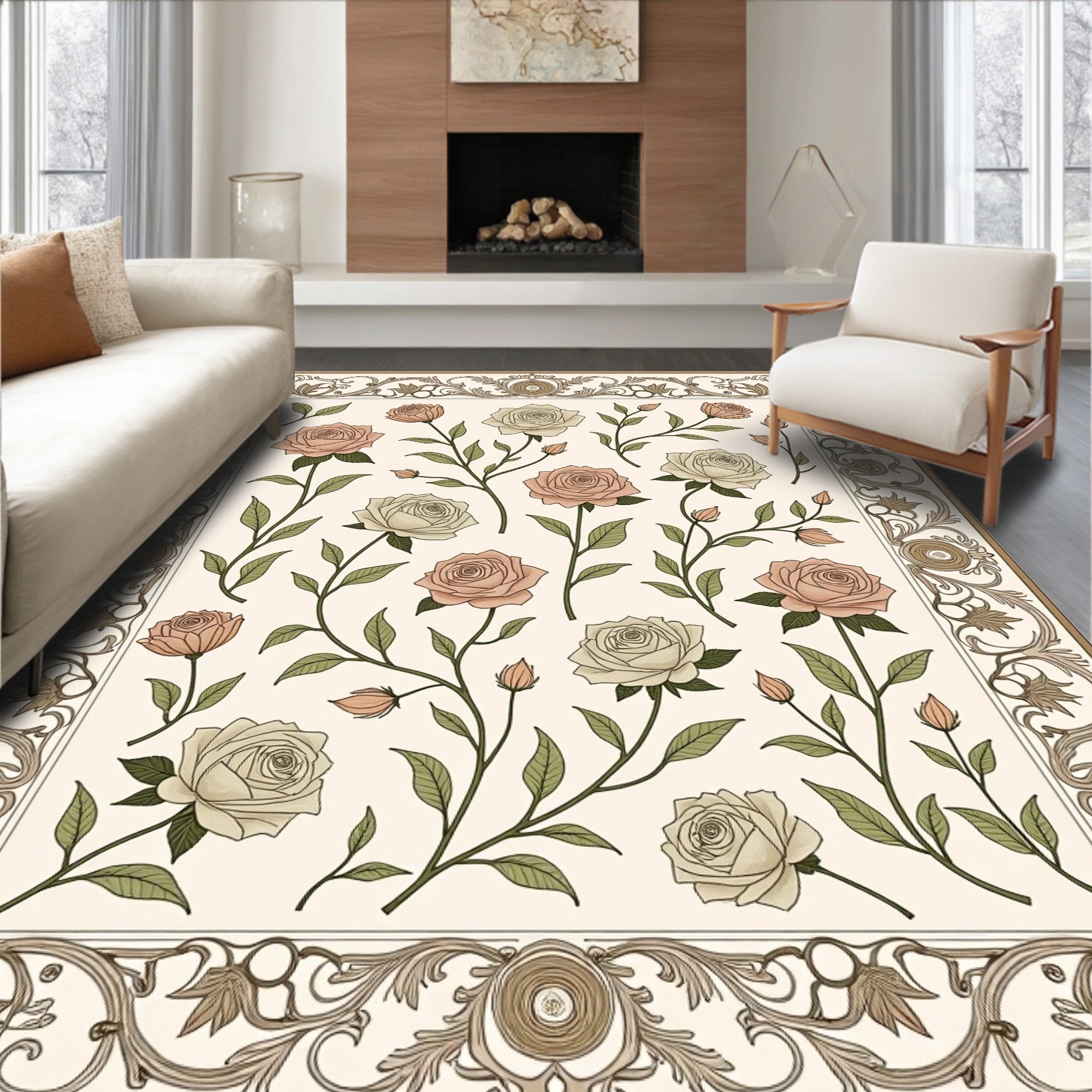Floral Rose Vines with Ornate Border Rug