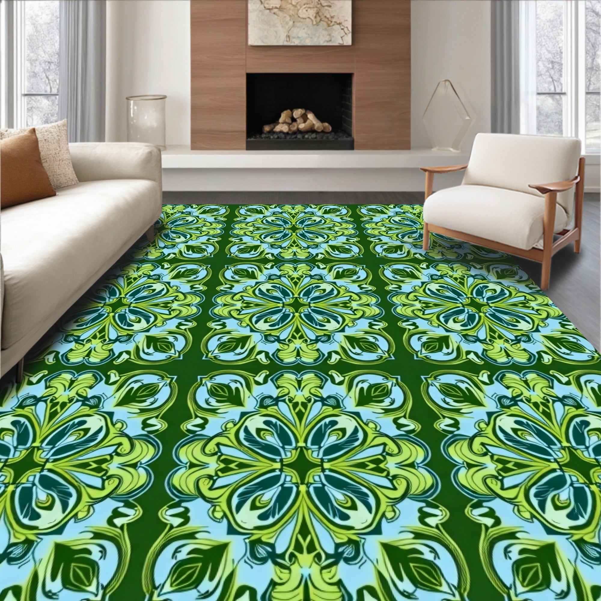 Green Blue Floral Ornate Pattern Rug