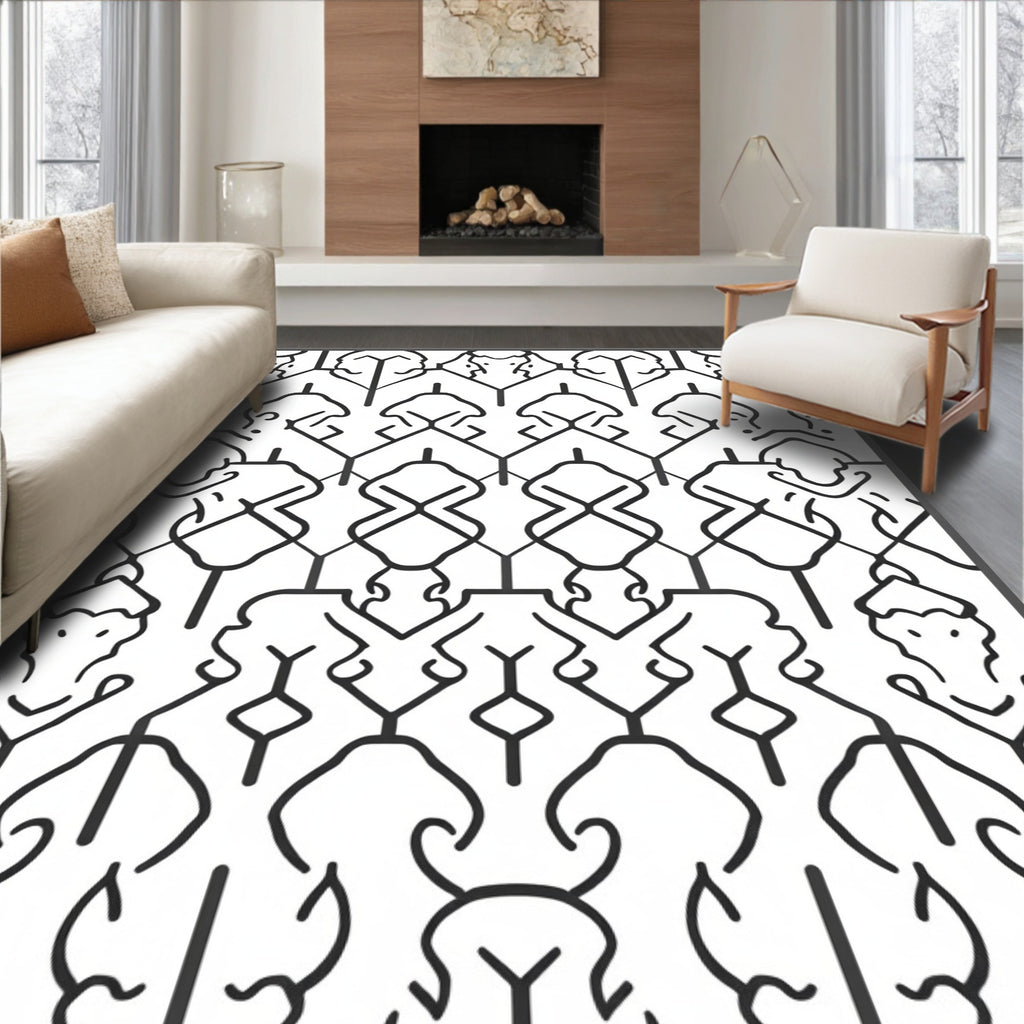 Abstract Black White Line Pattern Rug