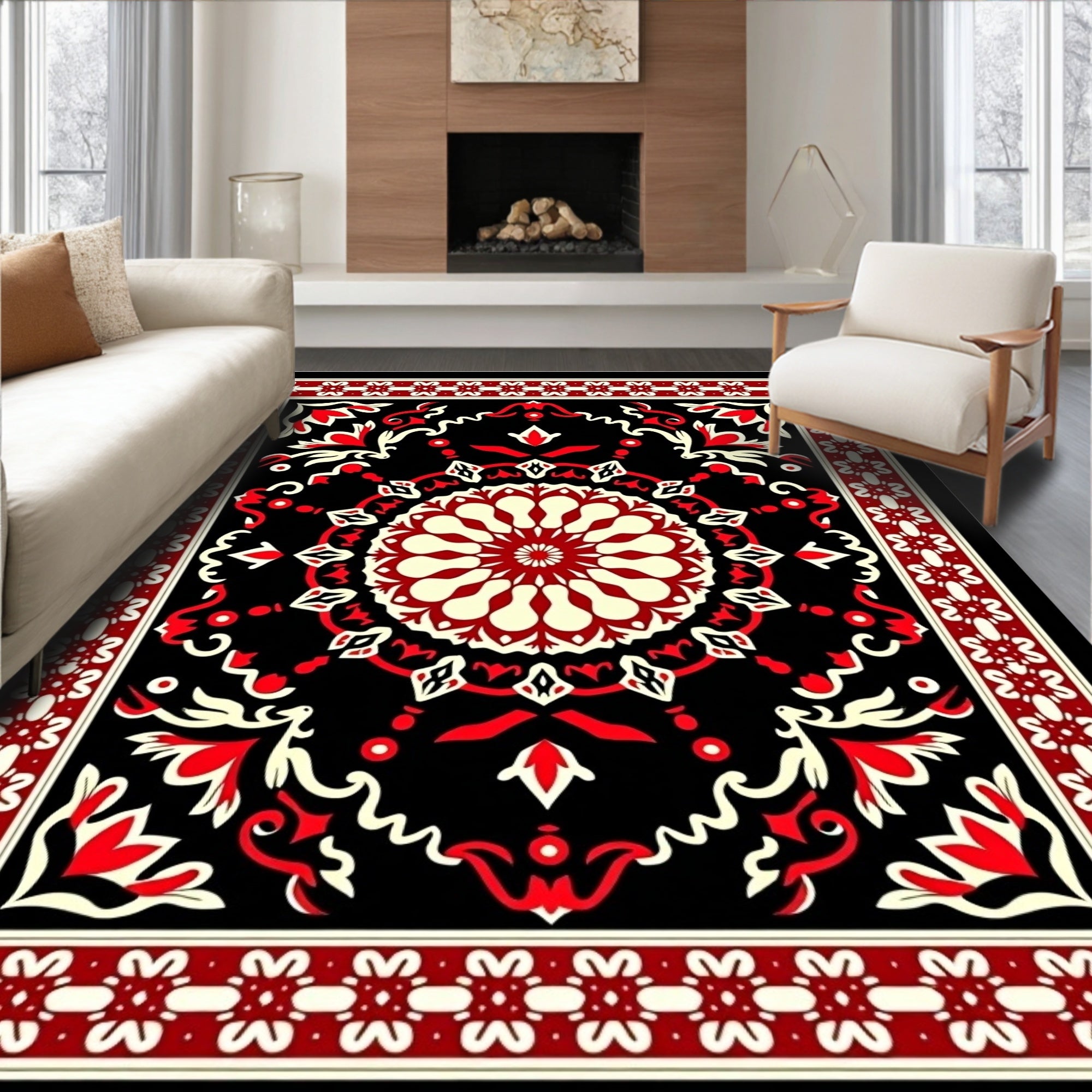 Bold Red Traditional Mandala Pattern Rug