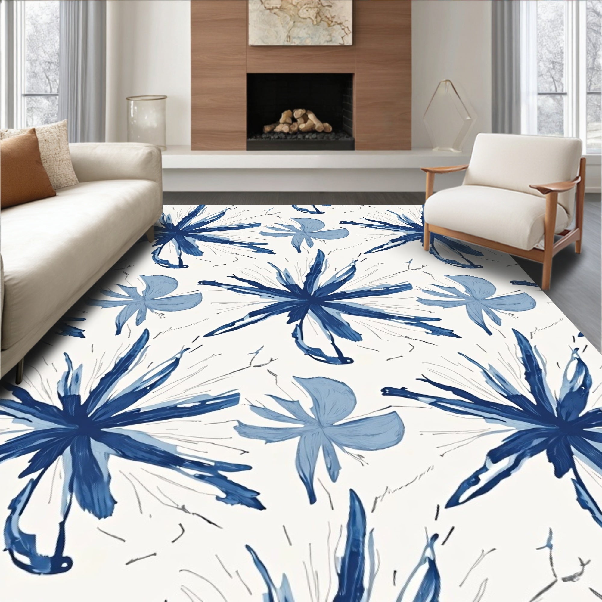 Abstract Blue Explosive Floral Pattern Rug