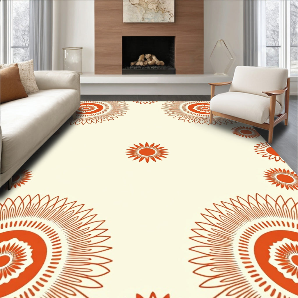 Orange Mandala Patterned Cream Rug