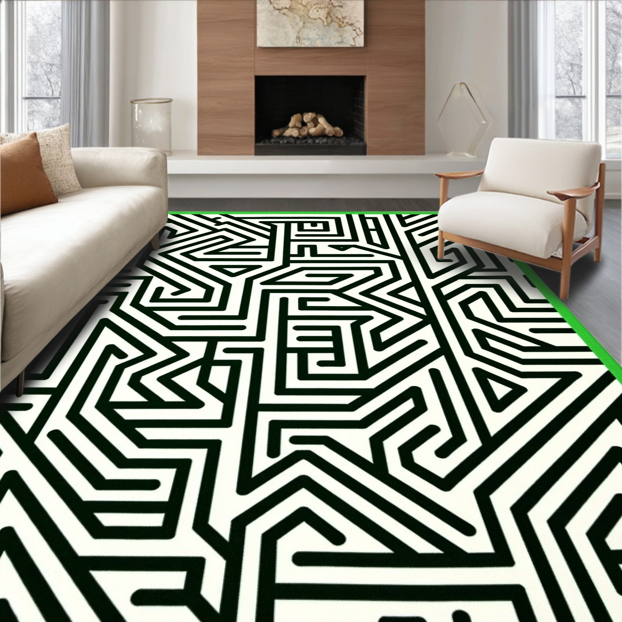 Abstract Black and White Maze Pattern Rug