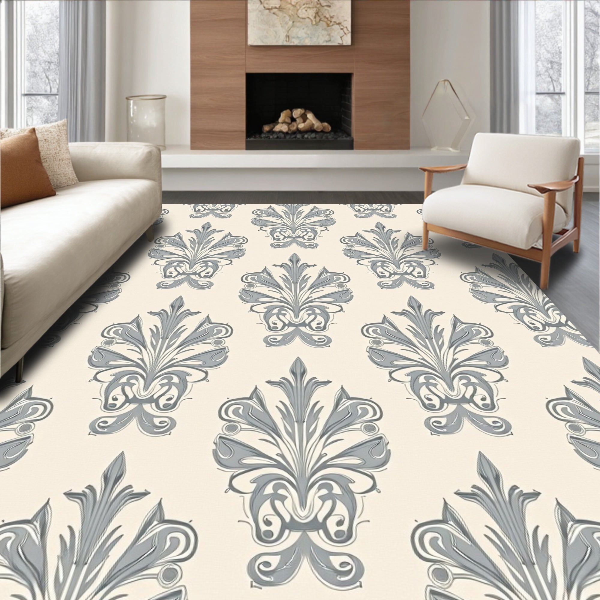 Ornate Gray Floral Damask Pattern Rug