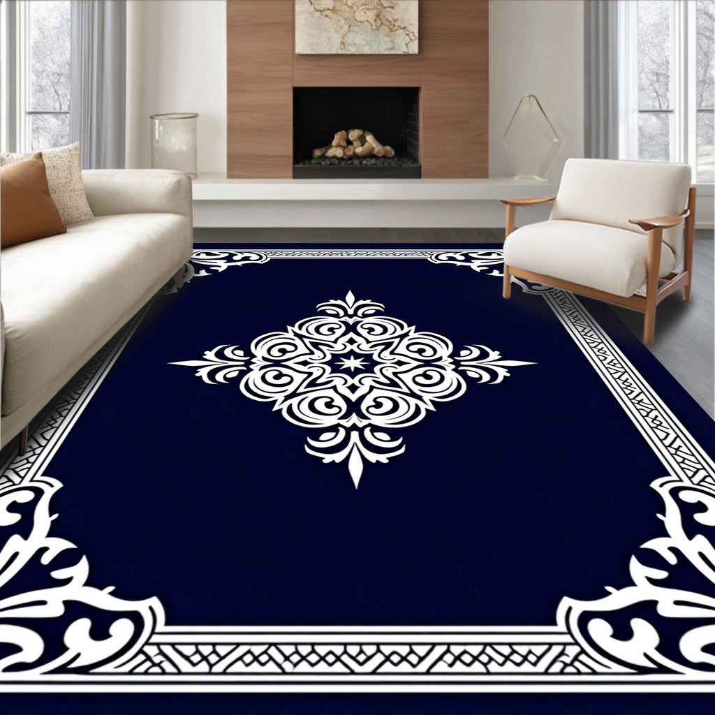 Ornate White Decorative Emblem Rug