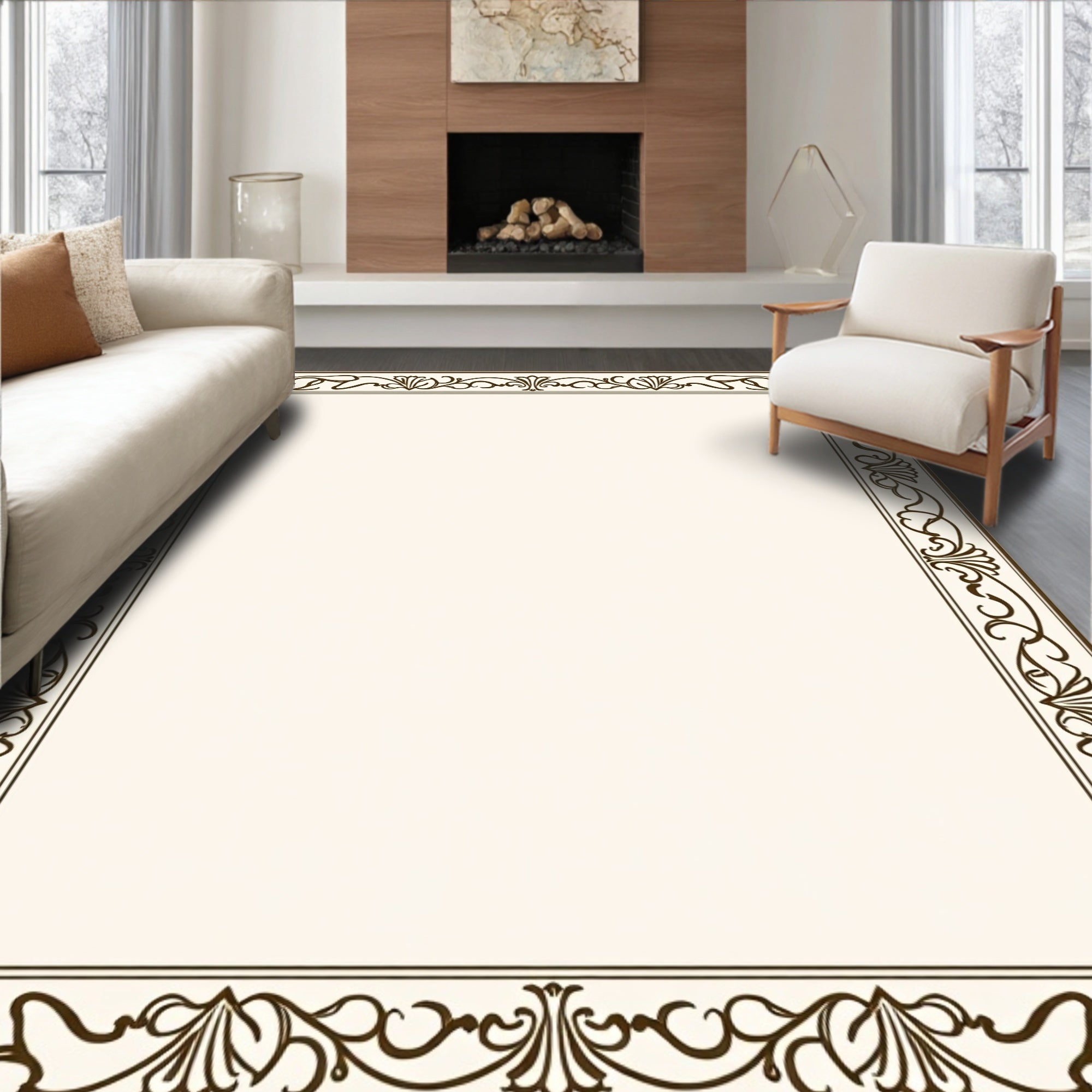 Elegant Brown Floral Scroll Border Design Rug