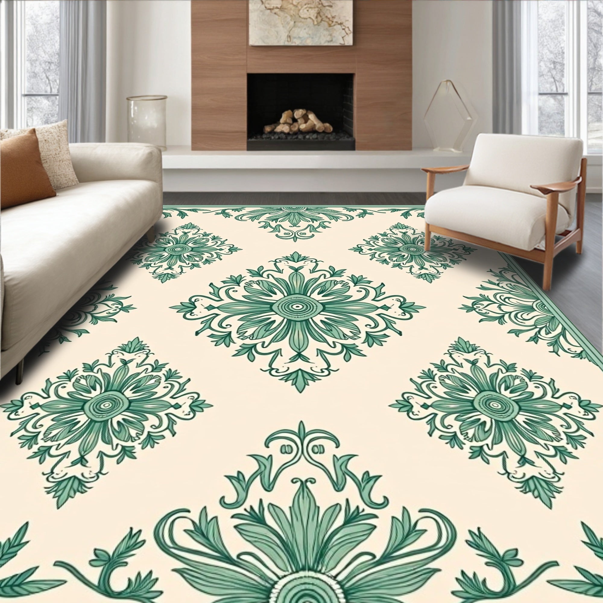 Green Floral Damask Pattern Rug