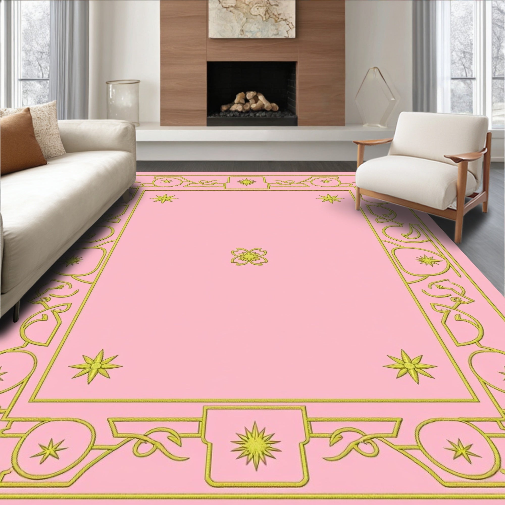 Elegant Gold Filigree Star Patterned Rug