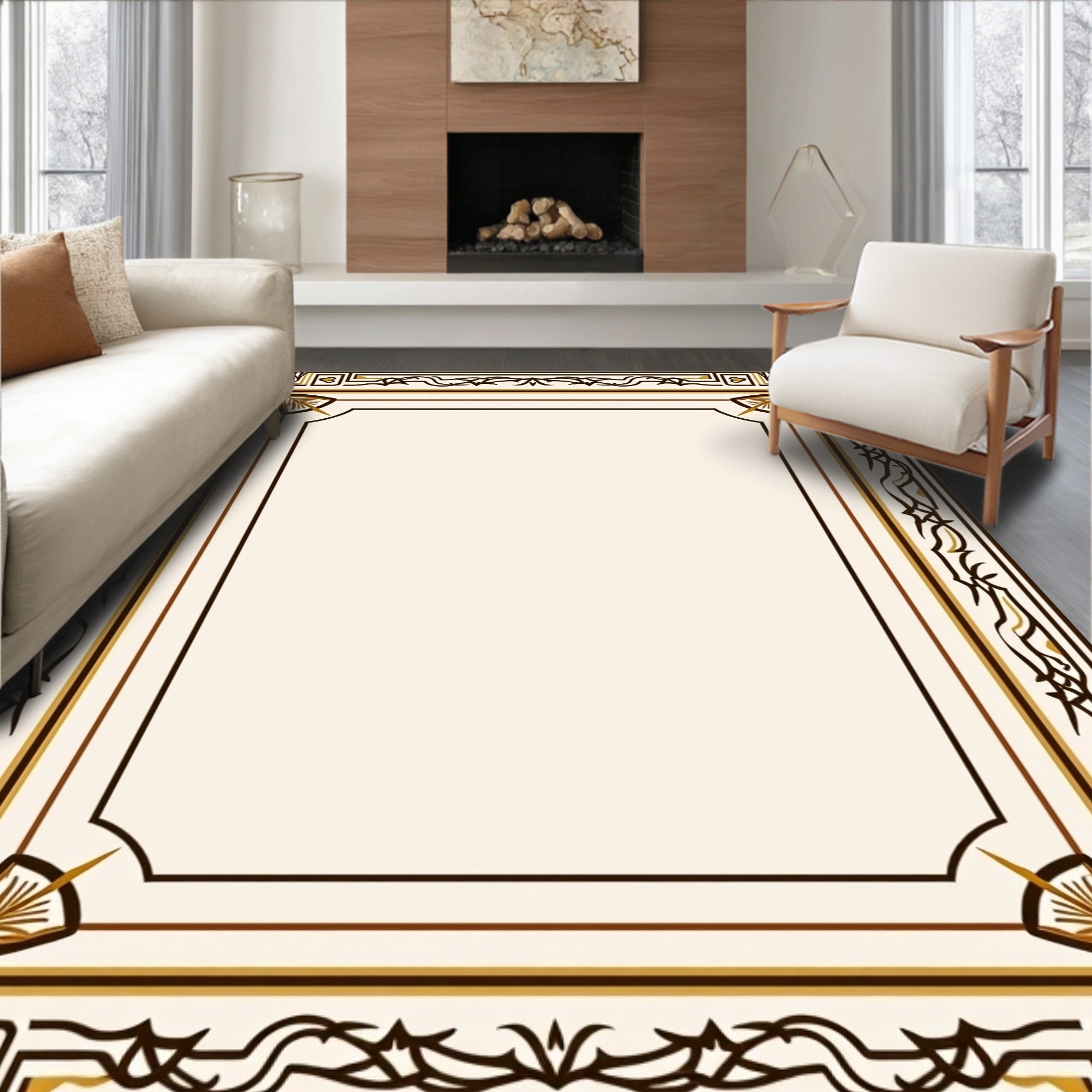 Elegant Cream Bordered Floral Pattern Rug