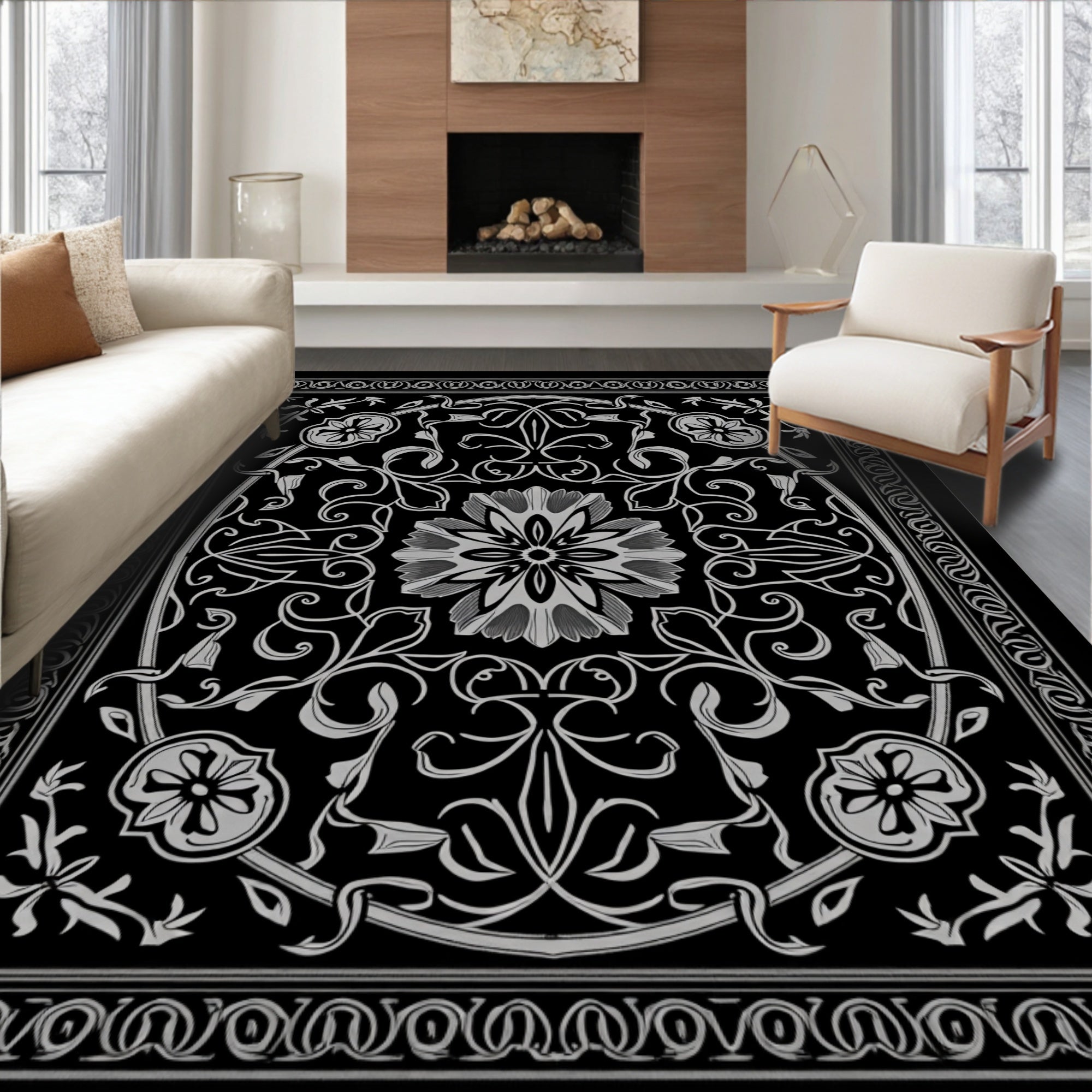 Elegant Black Floral Scrollwork Rug
