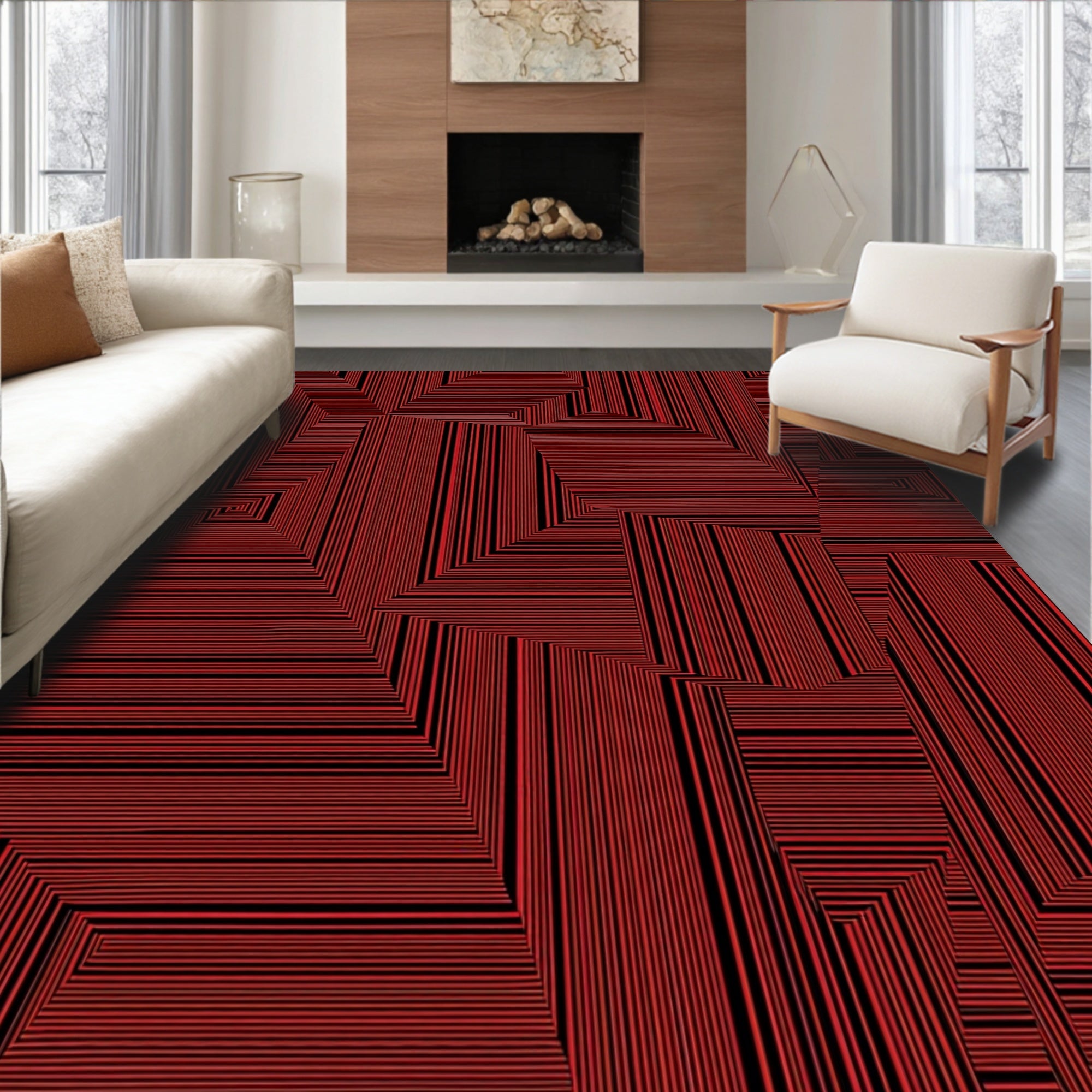 Red Black Abstract Geometric Lines Rug