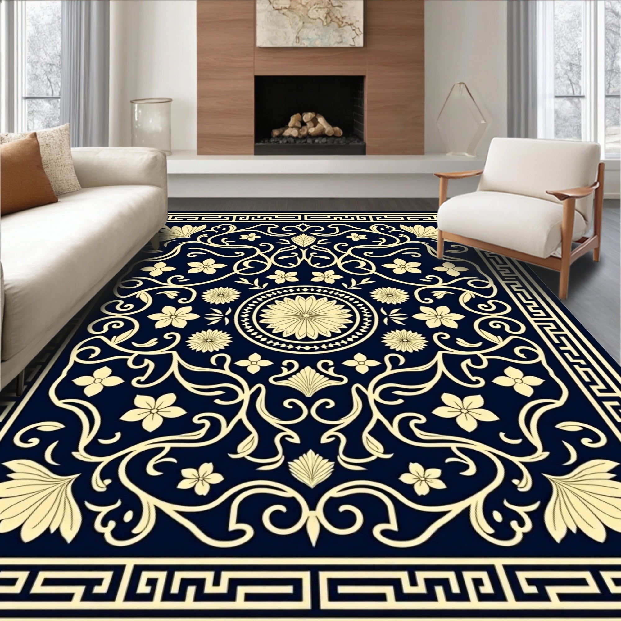 Classic Floral Scroll Border Design Rug