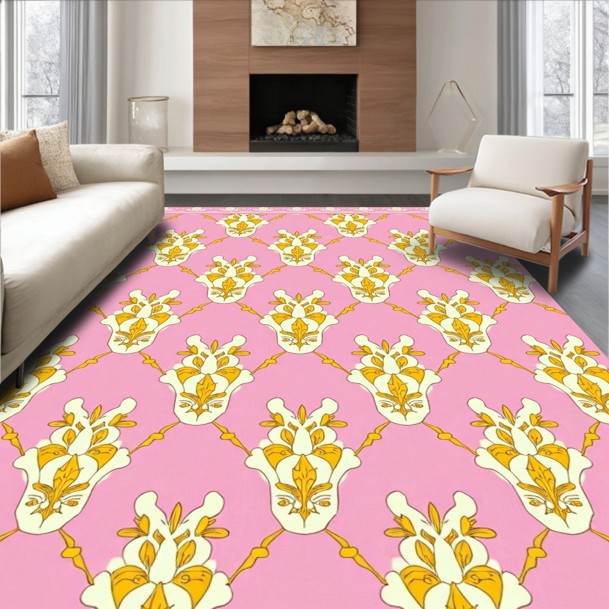 Pink Gold Floral Lattice Design Rug
