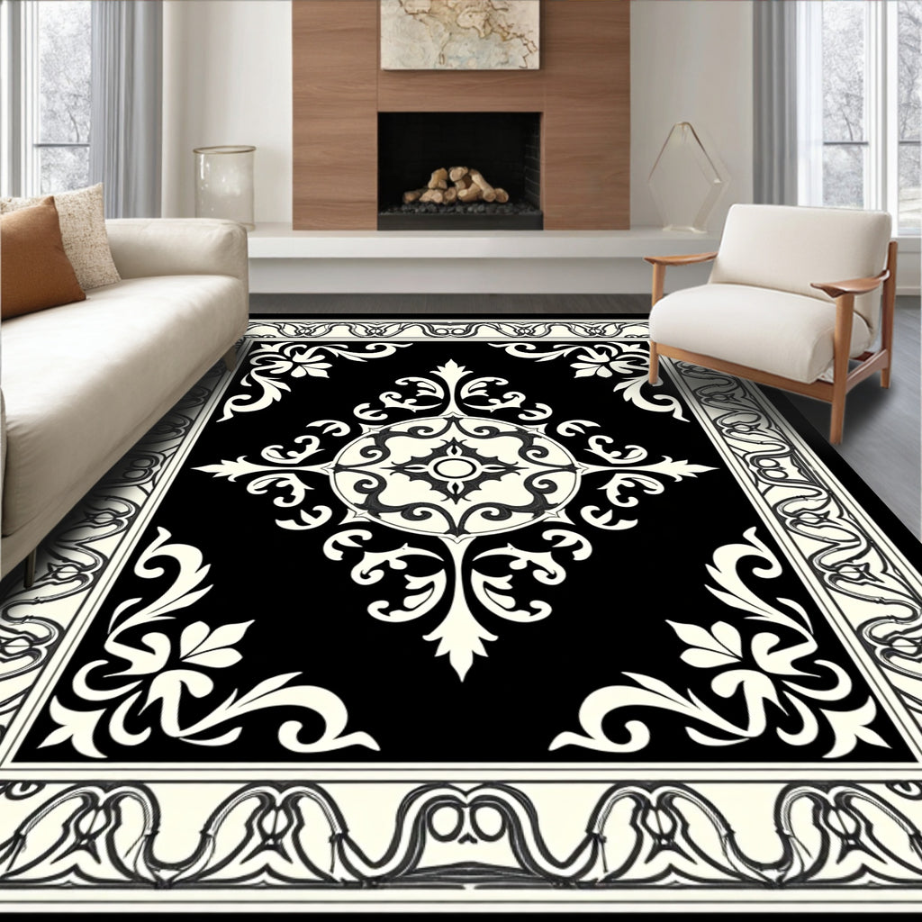 Elegant Black Cream Scrollwork Medallion Rug