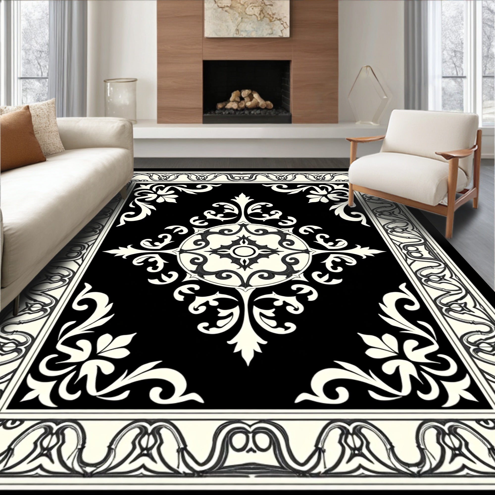Elegant Black Cream Scrollwork Medallion Rug