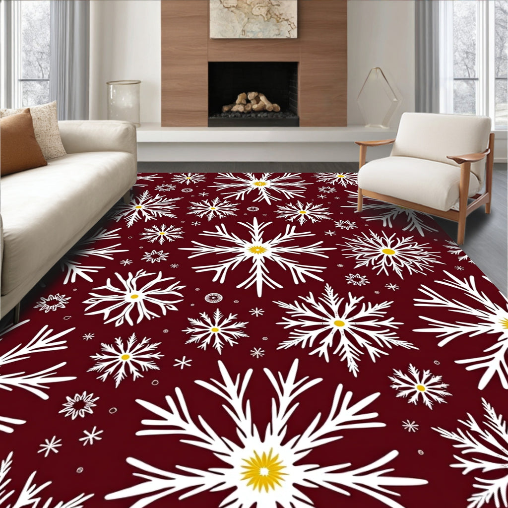 Burgundy White Golden Snowflakes Scatter Rug