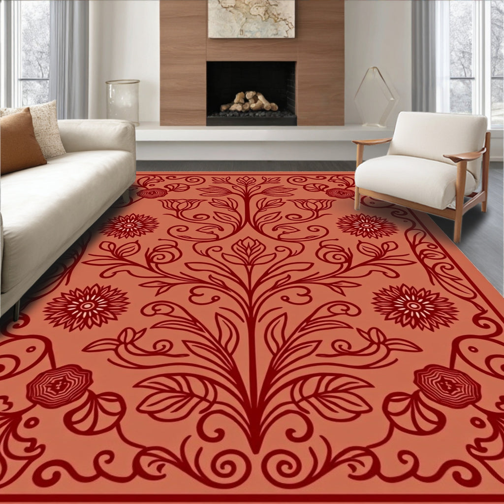 Ornate Coral Floral Vine Pattern Rug
