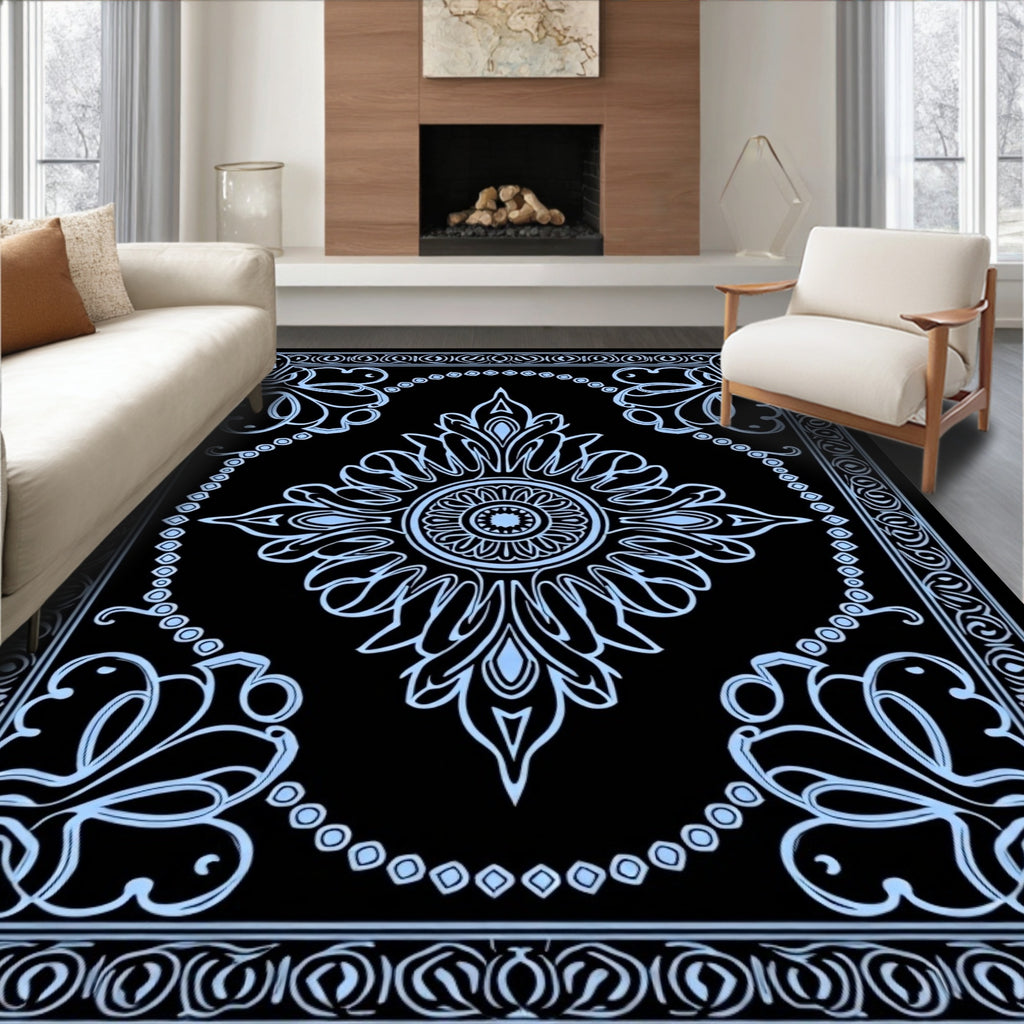 Intricate Blue Floral Mandala Pattern Rug