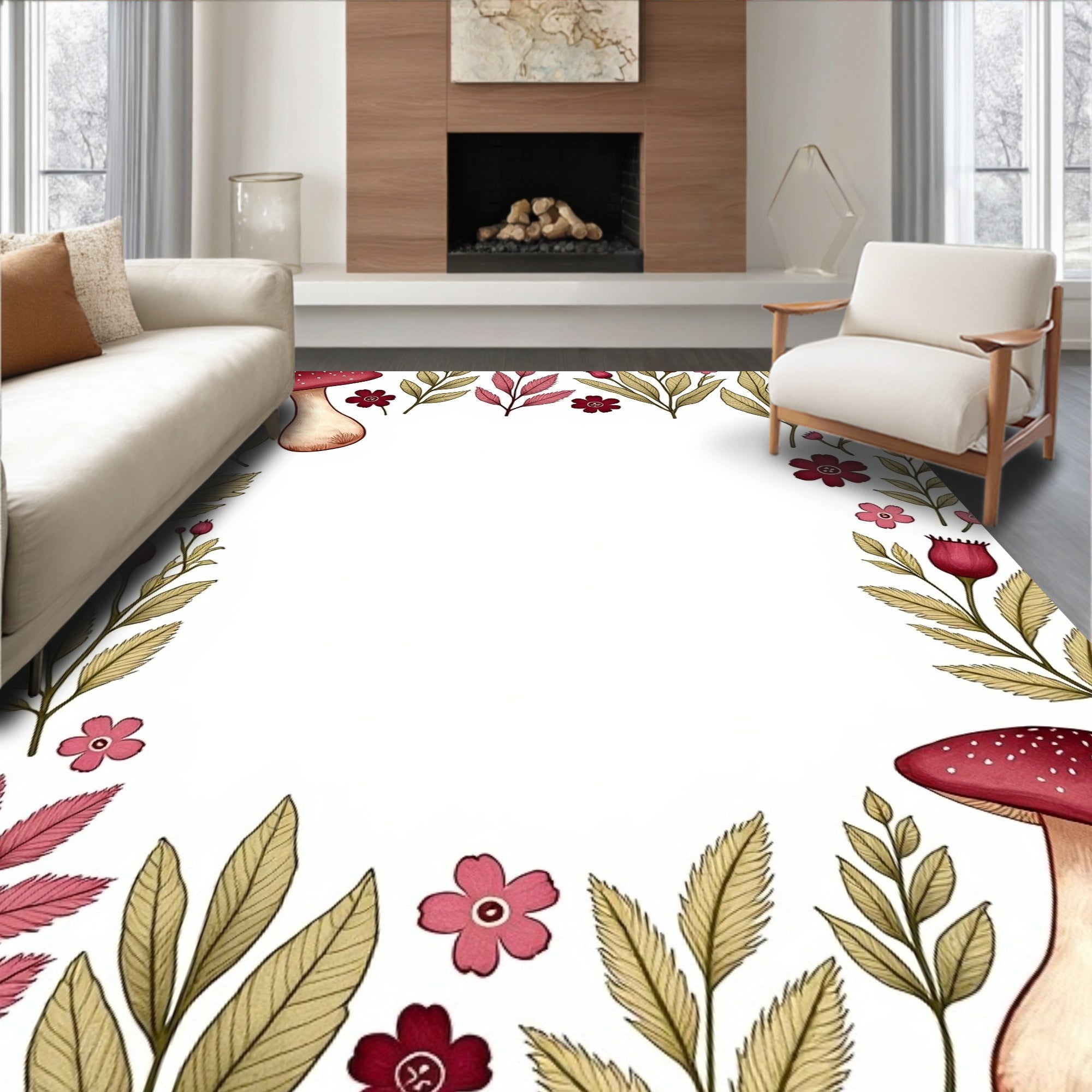 Whimsical Mushroom And Floral Border Rug