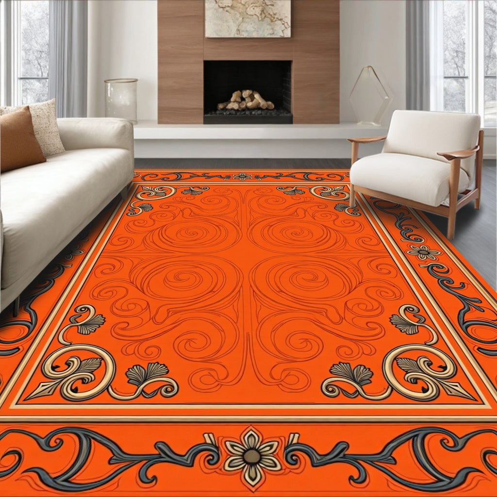 Ornate Floral Scrollwork Vivid Orange Rug