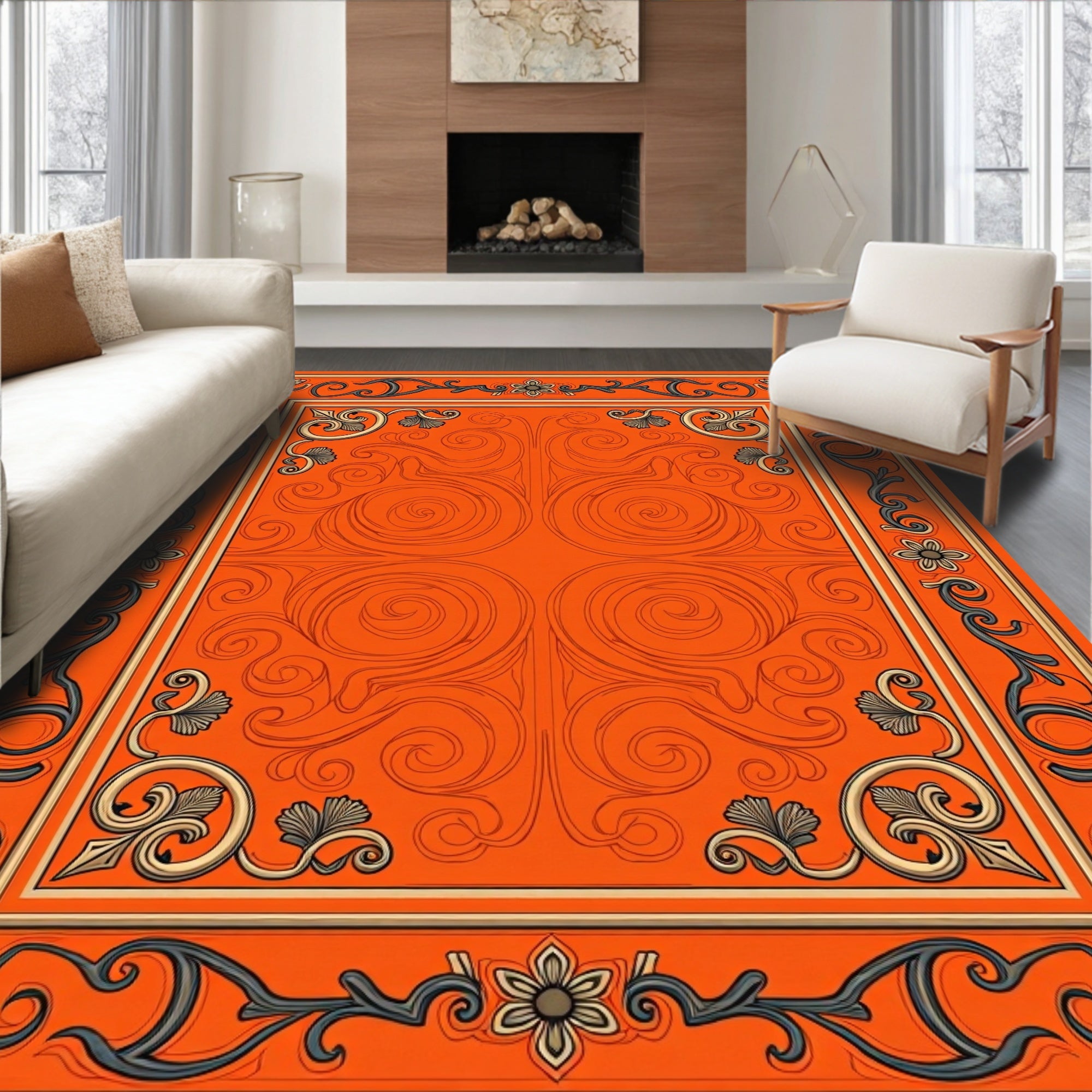Ornate Floral Scrollwork Vivid Orange Rug