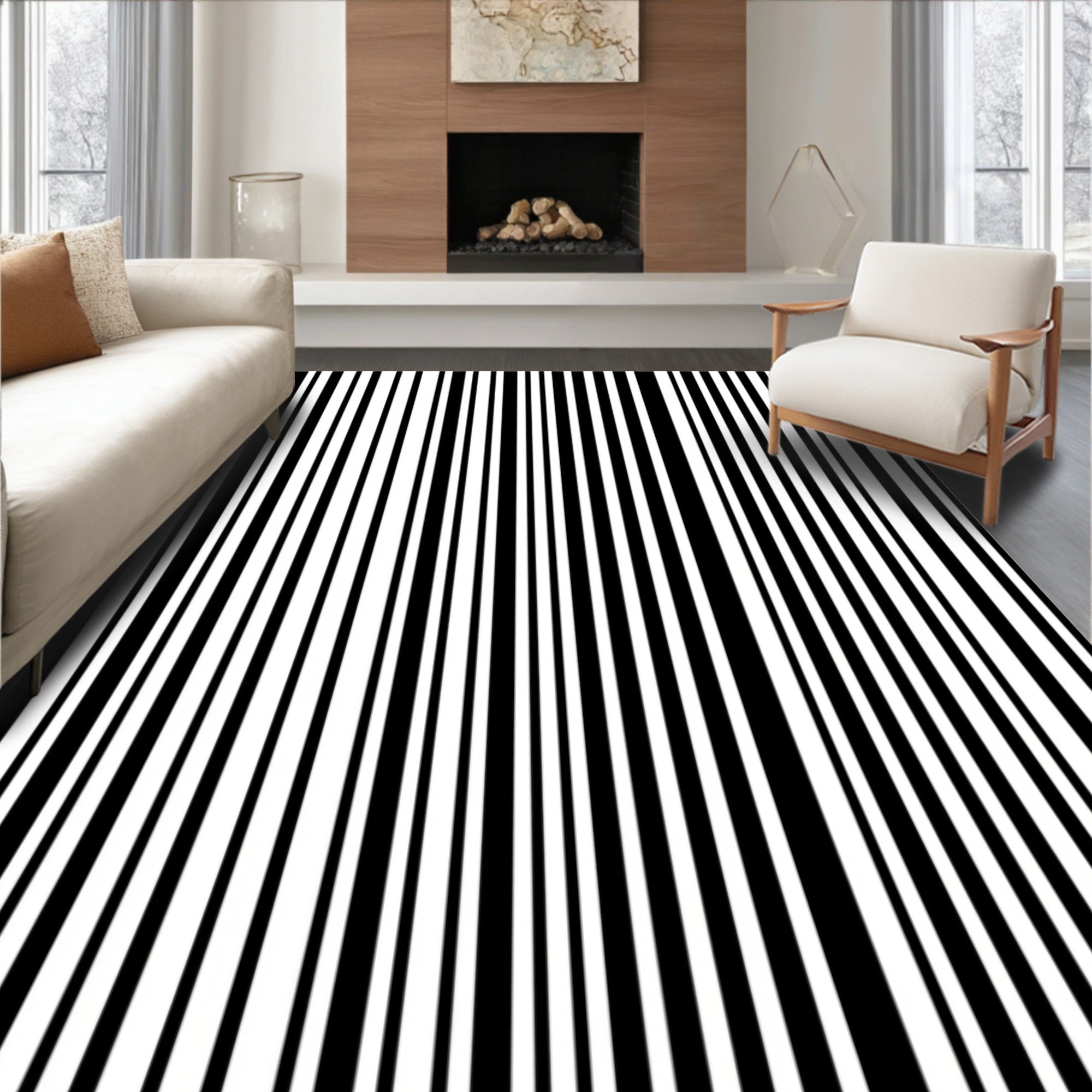 Bold Black White Vertical Stripe Design Rug
