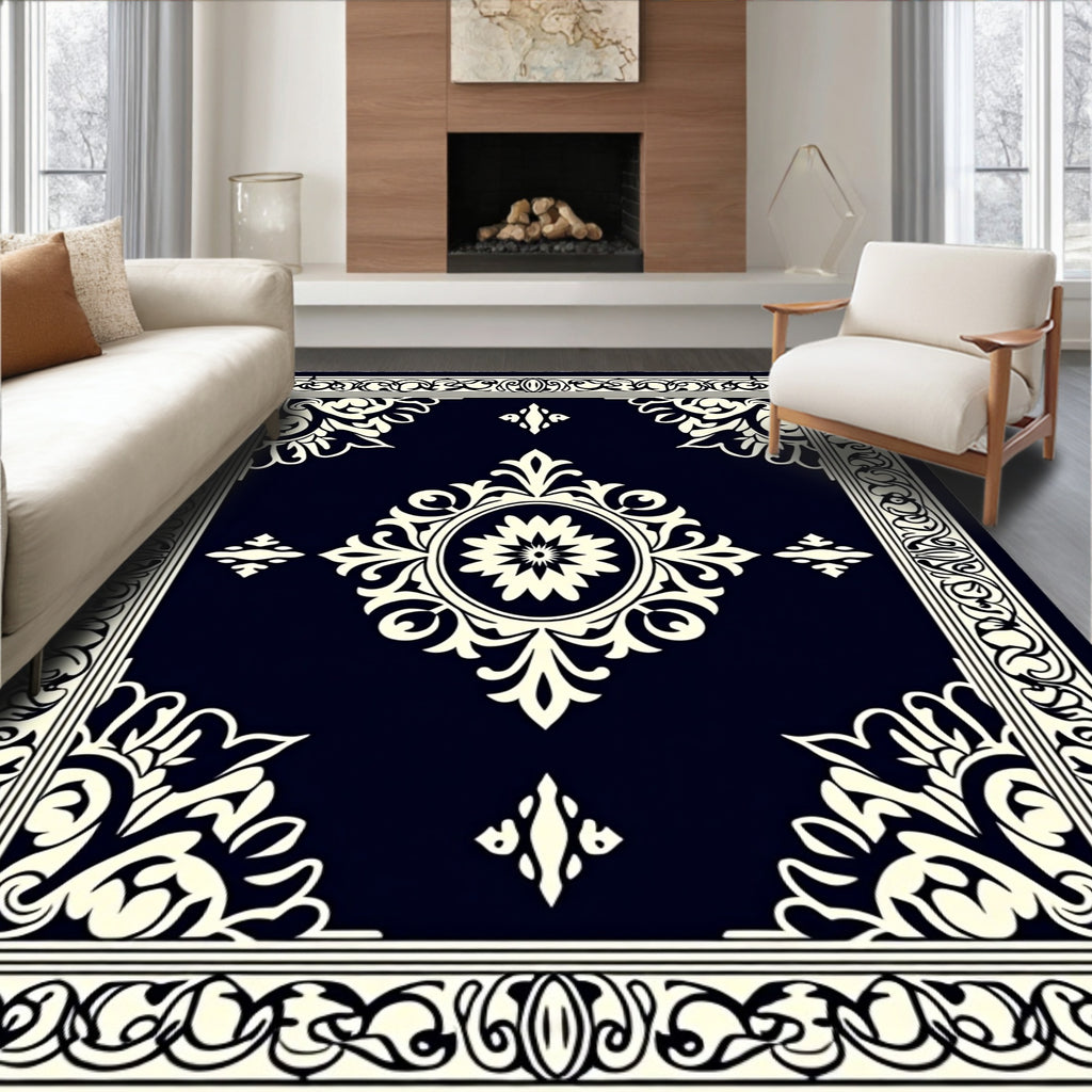 Classic Black Cream Floral Motif Rug