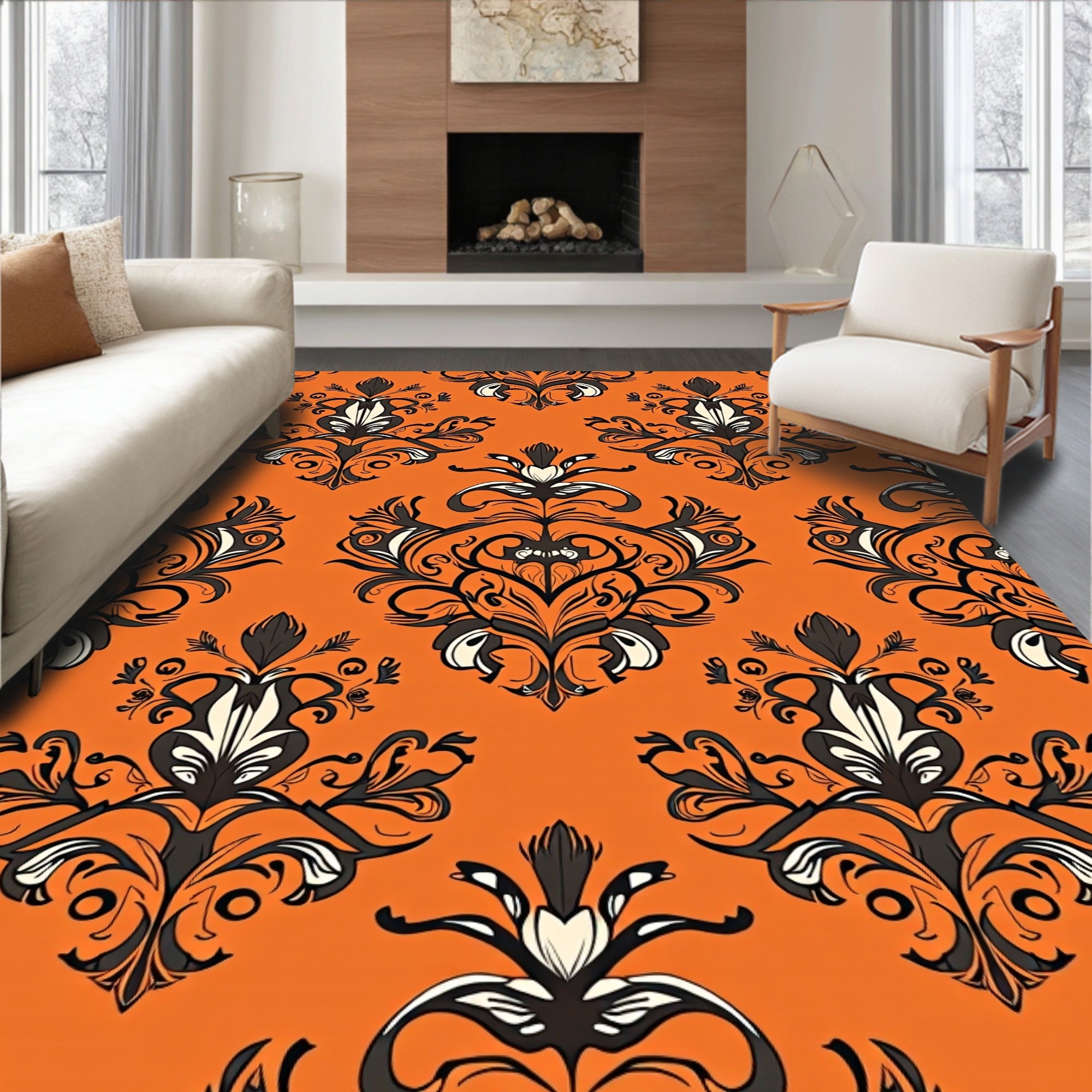 Ornate Black White Damask Pattern Rug