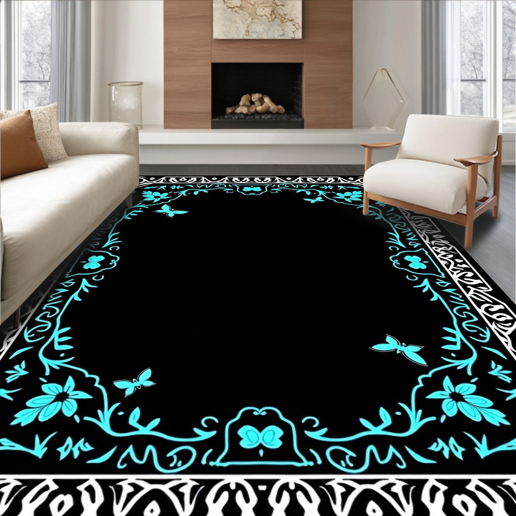 Aqua Butterfly Floral Decorative Frame Rug