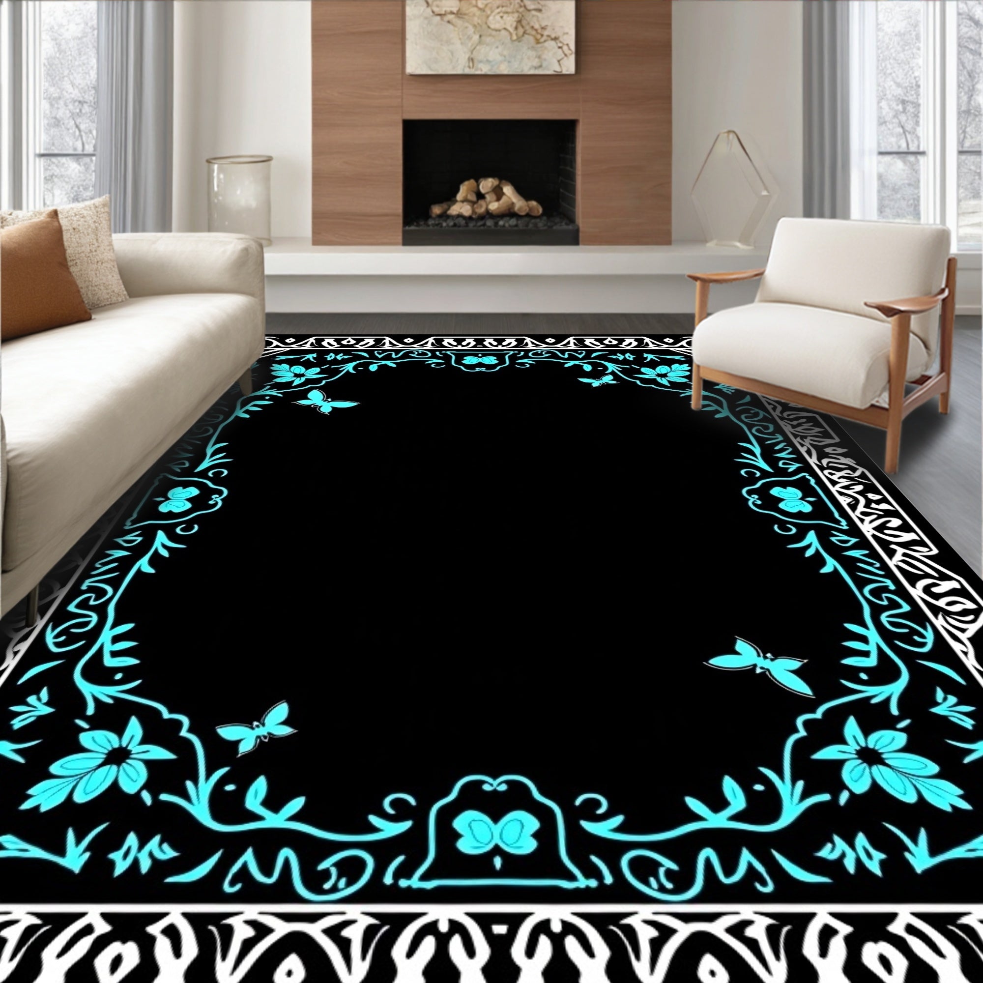 Aqua Butterfly Floral Decorative Frame Rug