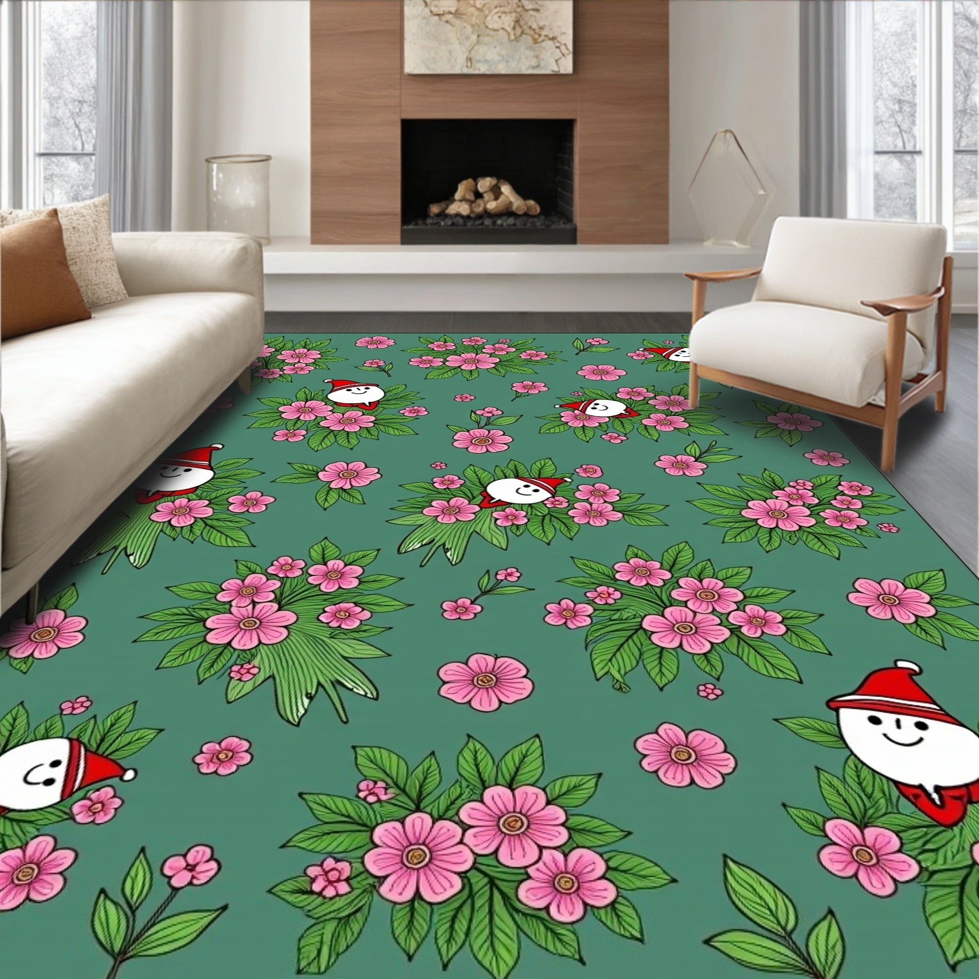 Pink Floral Snowman Medallion Rug
