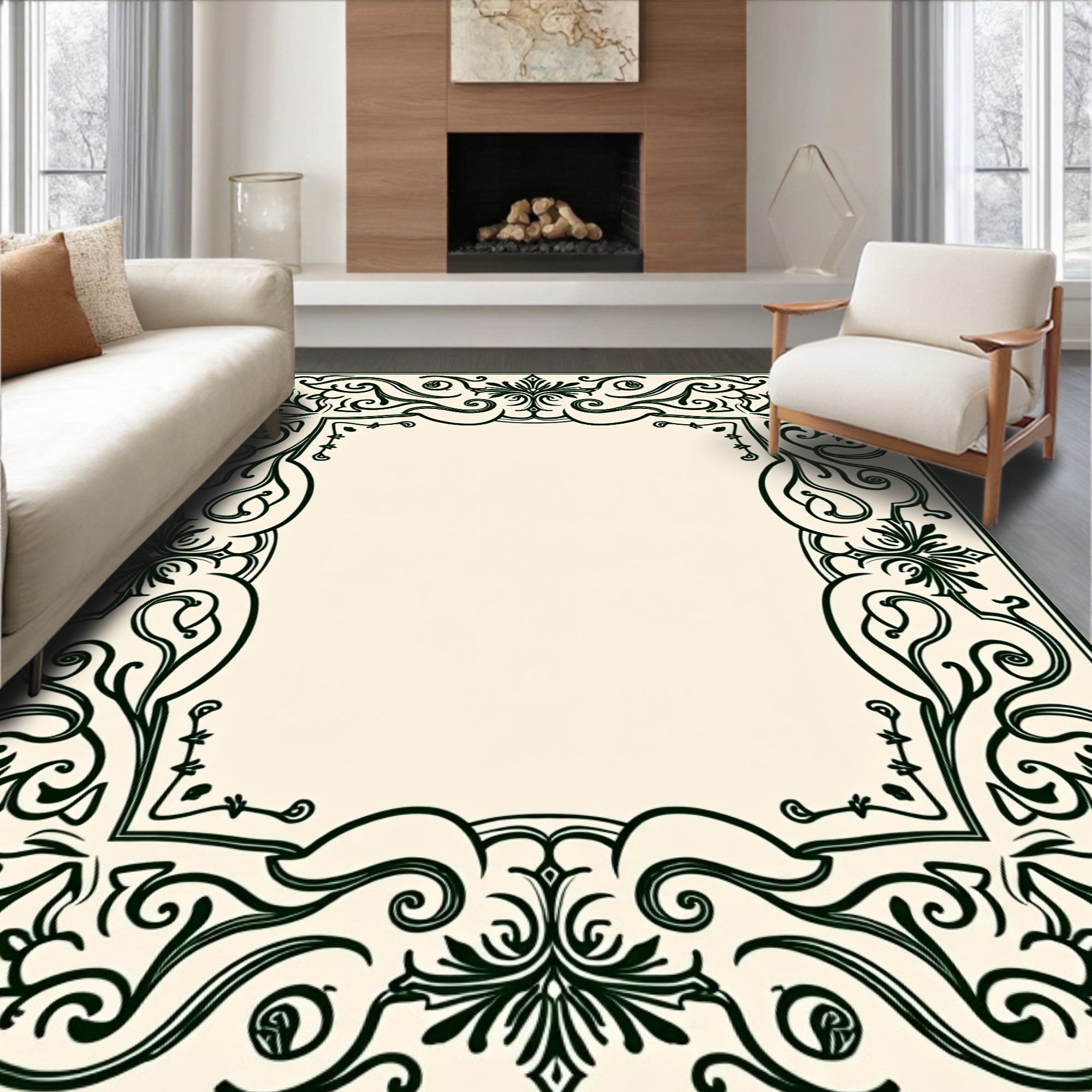 Elegant Floral Scroll Border Design Rug