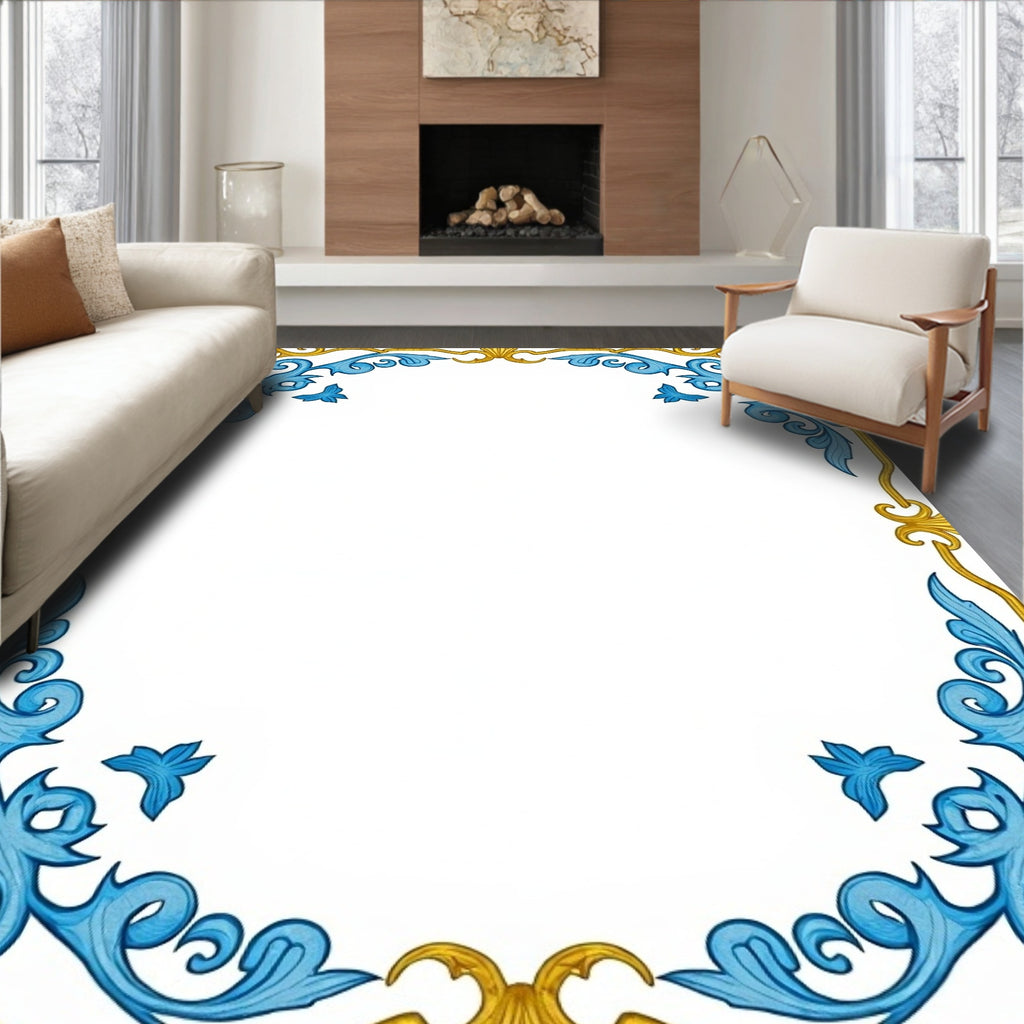 Golden Blue Floral Swirl Border Rug